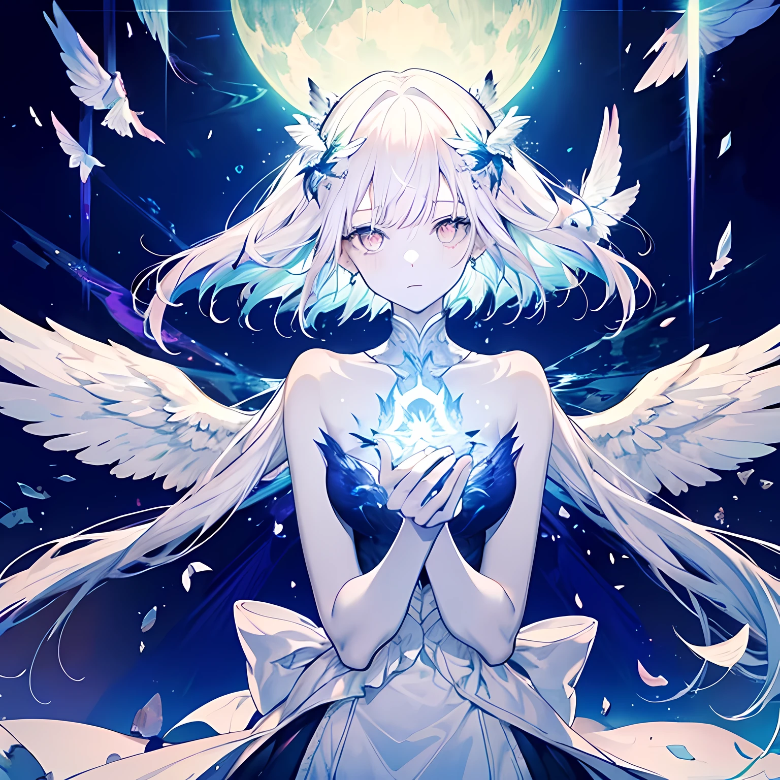 An Angel is depicted with a pale nipples and luminescent skin tone, their skin seemingly luminescent with an otherworldly radiation. They are adorned with a pair of sparkling and beautiful wing, symbolizing their Holy nature. The scene is ethereal and enchanting, capturing the beauty and mystery of these celestial beings. Angel, pale nipples, luminescent, skin tone, luminescent, otherworldly, radiation, sparkling, beautiful, wing, Holy, ethereal, enchanting, beauty, mystery.Upper body,