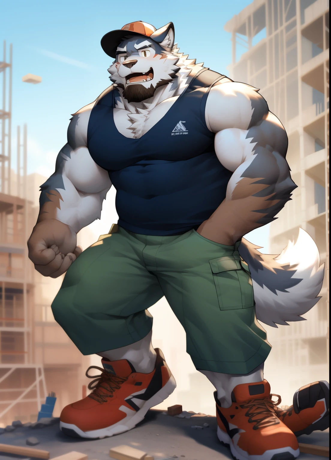 hairy,((Wolf,white vest,Brown hiking pants,construction site hat)),beard,white socks,white fur,male,Common,full body picture((极其lifelike阴影,masterpiece,Very detailed,lifelike)), ((Cat)),dynamic poses,Construction site corner,shy((极其lifelike背景,masterpiece,Very detailed,lifelike))detailed background