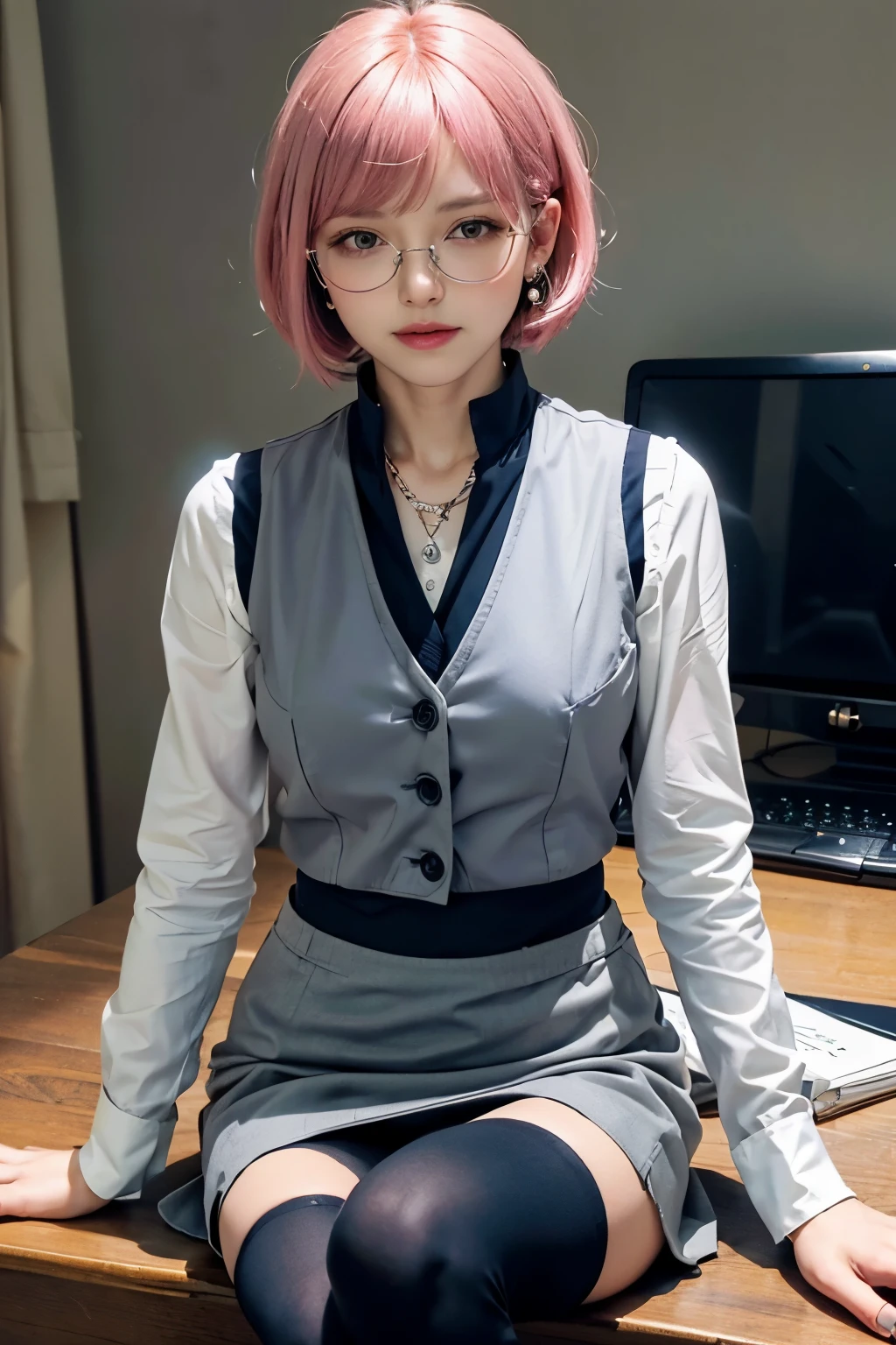 (8K, top-quality, masterpiece:1,2), (reallistic, Photorealsitic:1.37), Super Detail, One girl,), (Highly detailed), (beautifully detailed eyes), (of the highest quality), (super detailed ), (masterpiece), (Detailed face),20yr old, ,1 girl, ((pink hair,Very short hair)), medium breasts, clothed, Perfect Lighting, BREAK (white blouse:1.3), (navy vest:1.4), (grey tight skirt:1.5), slim and elegant silhouette, (simple round glasses:1.3), buttoned vest, (black tights:1.4), (black pumps:1.3), (pearl earrings and necklace:1.2), BREAK bangs cover right eye, smile with lips, look at camera with left eye, unbutton vest with right hand, lift skirt hem with left hand, office desk and computer in background, natural light from left side