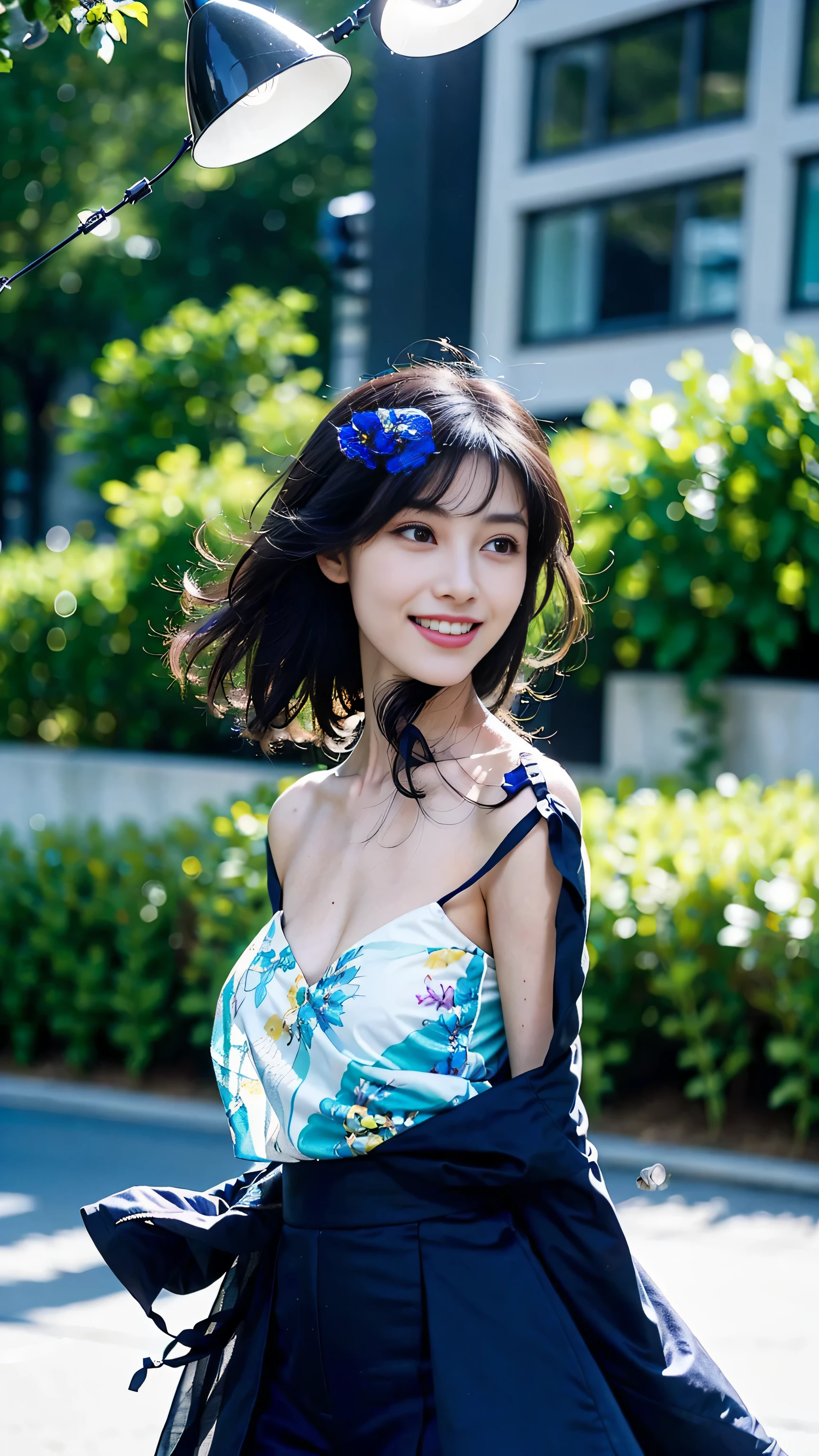 look at this and smile、Under the blue sky in midsummer、Colorful summer clothes、take off shoulders、best quality、​Masterpiece、real picture、intricate details、original photo、Photon rendering、octane rendering、absurd、super detailed、delicate face、delicate skin、Art station fashion trends、8K masterpiece、like the same lamp、( (1 girl in))、((alone) ))、18 years old、CG social trends、plastic en、((long black hair))、((beautiful woman))、(a smile)、Top Teeth、fashionable、hair blowing in the wind、((flowing hair))、fashion magazine、((a sexy))、((like the same lamp)、((indirect lighting)、、(gender)、grinning、(looking from a distance)