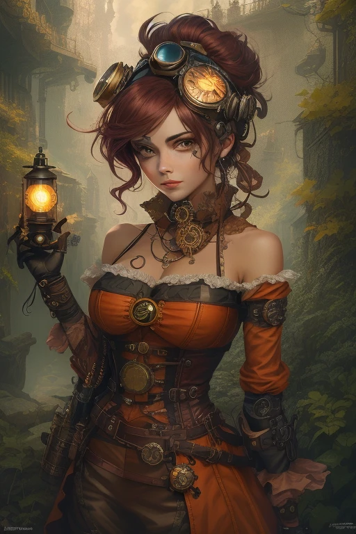 there is a woman with goggles holding a lantern in her hand, steampunk fantasy style, steampunk beautiful anime woman, vivid steampunk concept, steampunk girl, steampunk concept art, steampunk art, digital steampunk art, magic and steam - punk inspired, high quality steampunk art, mechanized witch girl, steampunk digital art, steampunk inventor girl, steampunk style, steampunk illustration