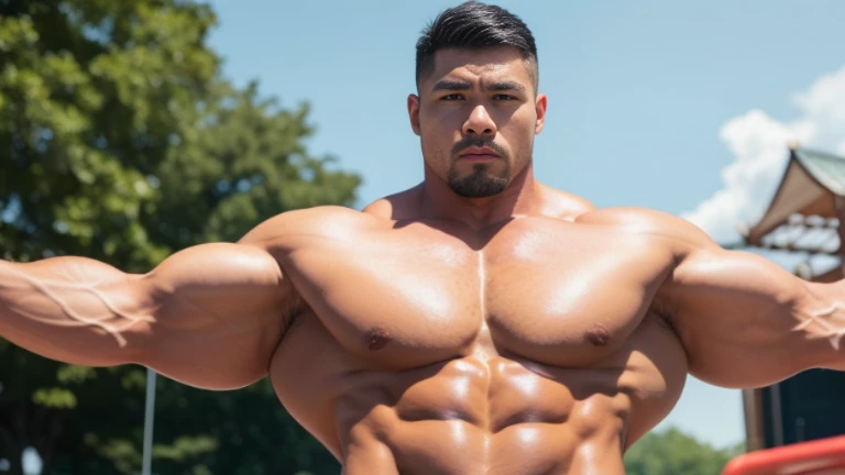 (Highly detailed 8K wallpaper), asian man, muscle worship, fold your arms, On the playground, baseball uniform, high detail, very short hair, skin head, Circular cut, very large and strong body, bulging muscles, muscular, very large pectoral muscles. Very sexy abs, legs are muscular, Toned figure, brightens oily skin, muscular, Tank top, T-shirt, long shot, wide shot