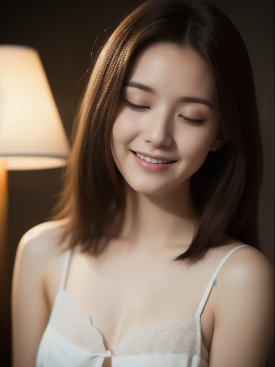 Beautiful 23 year old woman。she is wearing a satin camisole。Lace on the chest and hem.。She looks ecstatic as if she has reached an orgasm when fucking..。her dark brown hair、、her hair is long。High resolution、masterpiece、highest quality、Head w:1.0、((Hasselblad Photos))、fine skin、fine knit、(movie lighting)、clavicle . Her eyes are shutting but smiling.