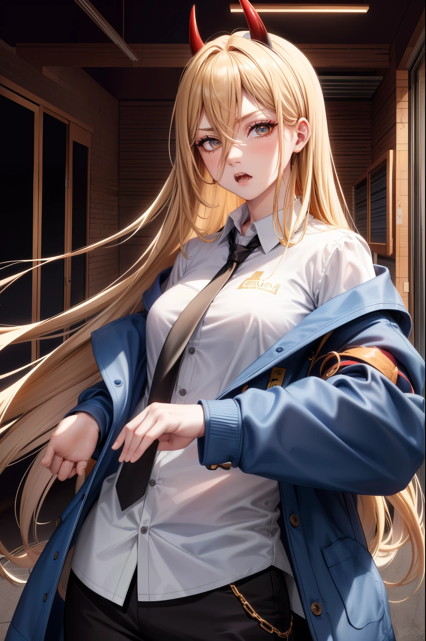 1 girl, force \(CSM\) , long hair, blonde hair, (red horn:1.1), (cross pupil:1.3), シンボルのshapeをした生徒たち, yellow eyes, sharp teeth, 
break white shirt, collared shirt, Long black pants, black tie, (blue jacket:1.2),
break looking at viewer,
break indoors, (office background:1.3), 
break (masterpiece:1.2), highest quality, High resolution, unity 8k wallpaper, (shape:0.8), (beautiful and detailed eyes:1.6), highly detailed face, perfect lighting, Very detailed CG, (perfect hands, perfect anatomy),