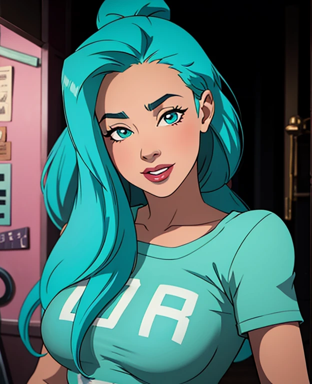 1 woman, wear cyan shirt, studio shot