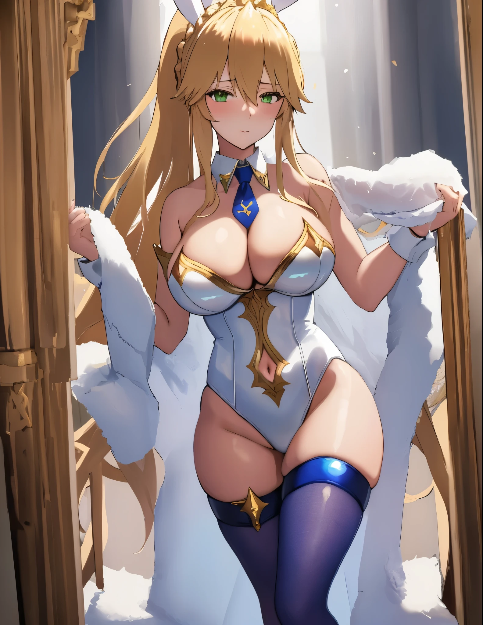 masterpiece, best quality, absurdres, soft lighting, looking at viewer, (light_smile:0.6),
1girl, ahoge, rabbit ears, playboy bunny, artoria pendragon \(swimsuit ruler\) \(fate\), large breasts , blonde hair, green eyes, french braid,  pony tail
bare shoulders, large breasts , cleavage,
clothing cut out, wrist cuffs, detached collar, navel cutout, feather boa,
white leotard, blue necktie, blue pantyhose, single thigh strap, hands behind head,
white background,