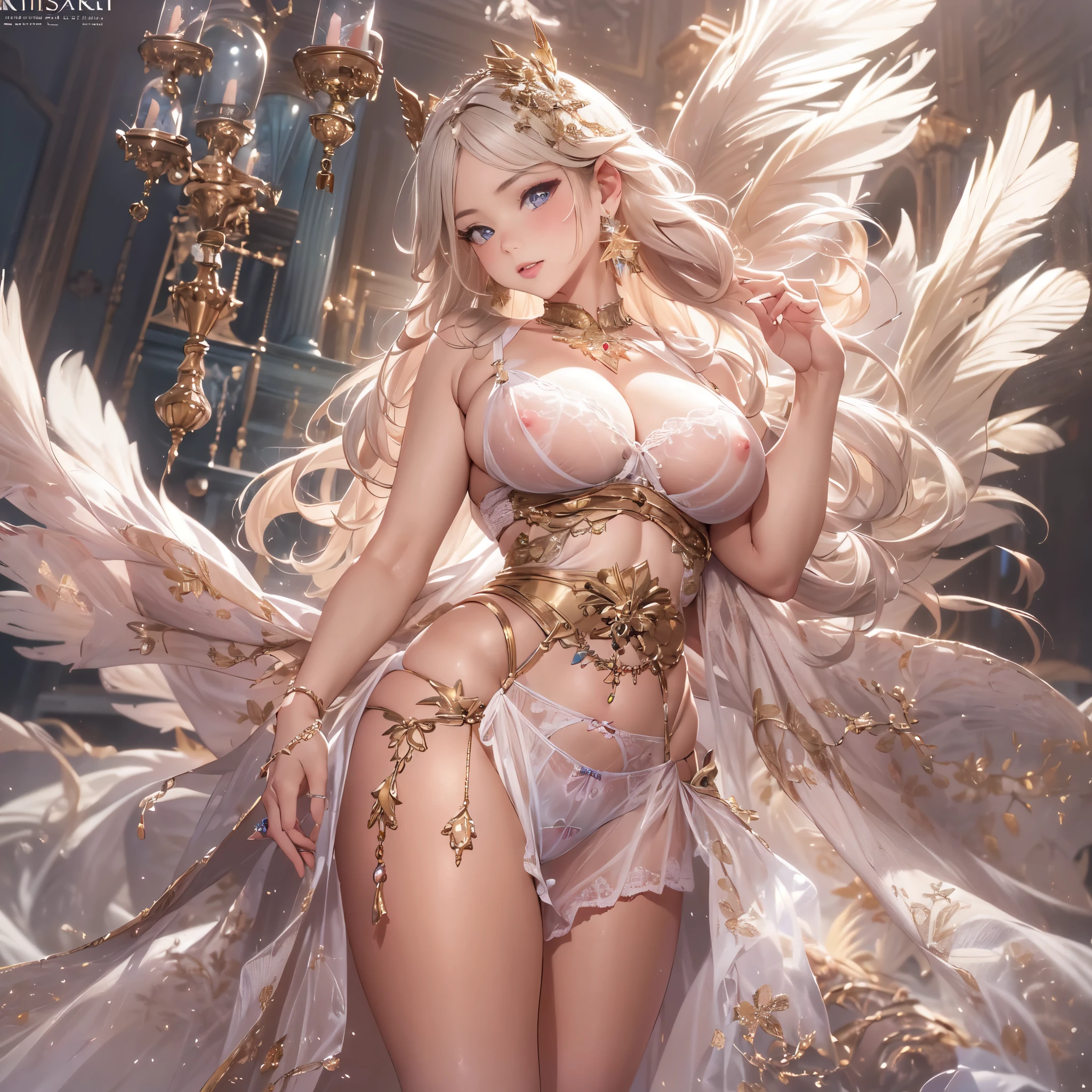 beautiful美しさ, 3D two-dimensional, rich, blonde, skirt, stockings, high heels, poison、star、star、(Highly detailed CG Unity 8K wallpaper),(masterpiece), (最high quality), (Super detailed), (best illustrations),(best shadow), (sharp eyeliner, eye shadow, fine eye:1.1), (超High resolution,realistic,最high quality,realistic),(8K,RAW photo,最high quality,マstarプル),mature woman、sensual curves、huge breasts、thighs、bubble、お尻のmasterpiece, 最high quality, Super detailed, full body shot, mature woman, beautiful mature woman, nightgown and underwear, enchanting smile, thick lips, Chubby lips, blush, looking at the viewer, provocative expression, beautiful髪型, cleavage, Plump、curvy hips、attractive face、sexy lingerie、an inviting gaze、Expression of emotions、Lewd underwear、(((erotic see-through lingerie set)))、Standing position、gorgeous accessories 、big breastsの女性, bare shoulders, golden hair, colored feather, metal ornaments, colored flowers, particle, light, (masterpiece, 最high quality, 最high quality, official art, beautiful and aesthetic:1.2), (1 girl:1.3), very detailed,(fractal art:1.1),(colorful:1.1)、(flowers:1.3),most detailed,(zentangle:1.2), (dynamic pose), (abstract background:1.3), (shiny skin), (lots of colors :1.4), ,(earrings:1.4), (feather:1.4),masterpiece, 最high quality, Super detailed, 30~40 years, full body shot, beautiful 、various hairstyles，gold headband，plump breasts，beautiful butt，greek clothing，Tulle covers the breasts，perfectly proportioned, detailed clothing details,marble，god statue，cinematic lighting, film grain, 8K, masterpiece, Super detailed, high detail, high quality, High resolution,(((NSFW:1.2)))、exposed chest、Openwork decoration，(((see through dress)))、(((解剖学的に正しいbody))) , 最high quality, Super detailed, (((Lewd underwear)))、raise your butt, from below, (((R-18)))、Hakari、thighs, big breasts, Are standing, cowboy shot, blush, (((1 girl))), (masterpiece:1.3), (High resolution), (8K), (very detailed), perfect face, Nice eye and face, (((最high quality))), (Super detailed), detailed face and eye, (alone), High resolution、beautifuleye,(((sexy pose)))、(((整ったbig breasts)))、((beautiful eye))、luxury、(((超High resolution)))、(((detailed description)))、(((ぽっちゃりbody型)))、(((解剖学的構造に一致したbodyの部位)))、beautiful長いまつ毛、バランスのとれたbody型、２book arm、2 feet、Just the right size for your legs and arms、Fishnet tights、glamorous、(((Clear white and black eye)))、lipstick、Sparkling、(Undistorted face, eye, body)、jewelry、gem、(長くカールしたbeautifulまつ毛)、(((バランス良いbeautiful胸)))、(transparent, Exquisite skin:1.2)、(((完璧なglamorousボディー)))
