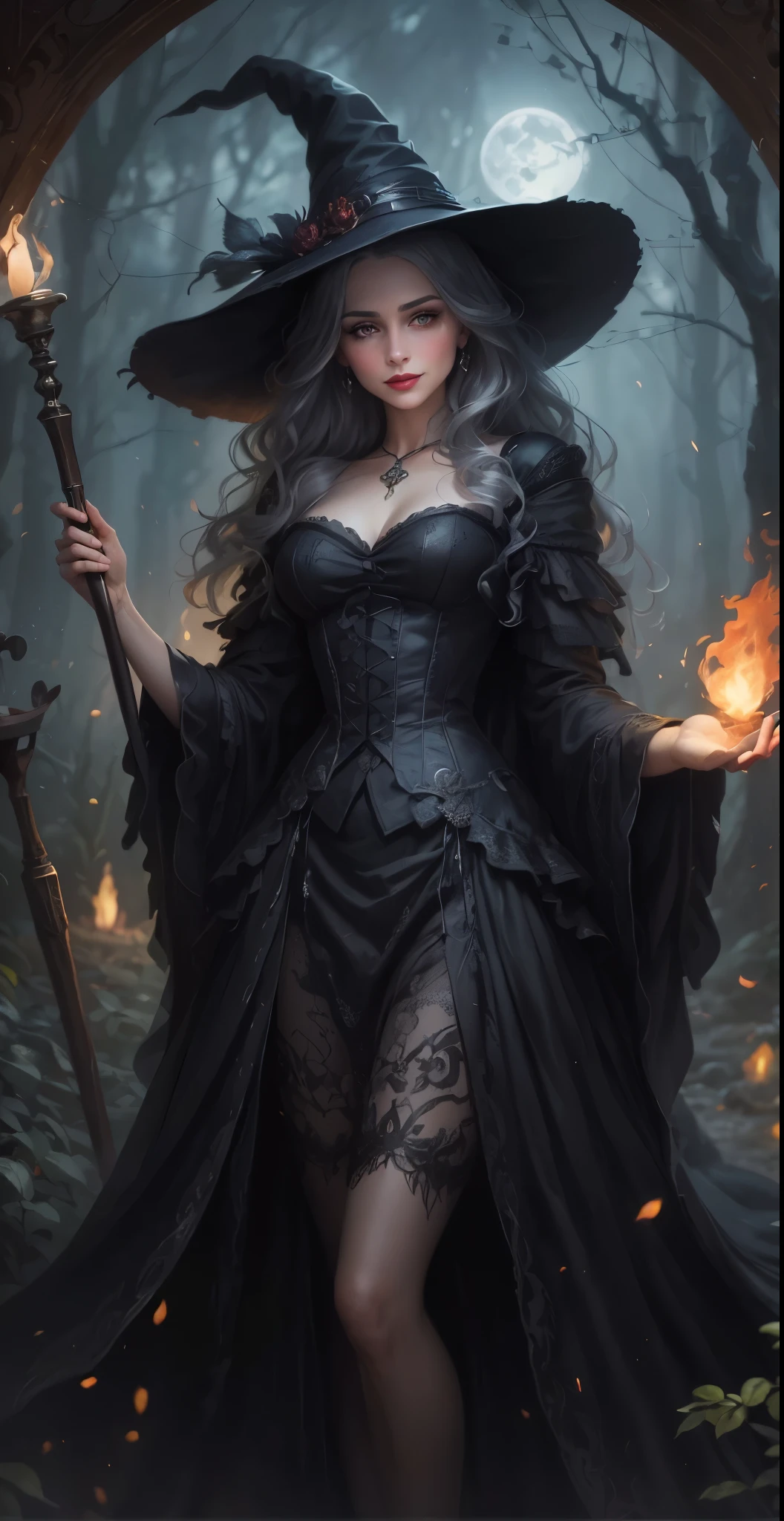 high quality, 8K Ultra HD, paintings with a Victoria Frances-like atmosphere, (holding  fire in one hand), Detailed illustration of a fantastic beautiful witch, (beautiful face), (mature woman), perfect face, perfect eyes, perfect nose, perfect lips, paintings with a mysterious touch, awesome full color, little smile, (red lips), blush on face, (blush), ((silver eyes)), 