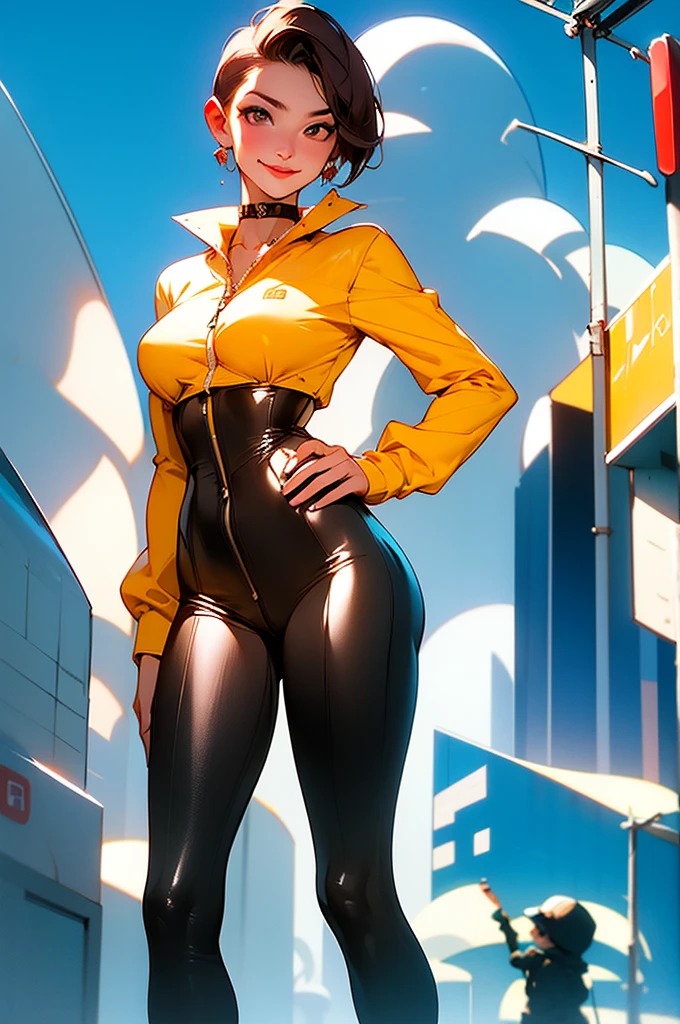 masterpiece,(masterpiece, top quality, best quality),1girl, solo, breasts, camera, brown hair, belt, hand on hip, holding, medium breasts, yellow bodysuit, choker, jumpsuit, simple background, looking at viewer, white background, no bra, smile, bodysuit, short hair, cowboy shot, bangs, holding camera, standing, lips, closed mouth, brown eyes, medium hair, center opening, contrapposto, breasts apart, jewelry