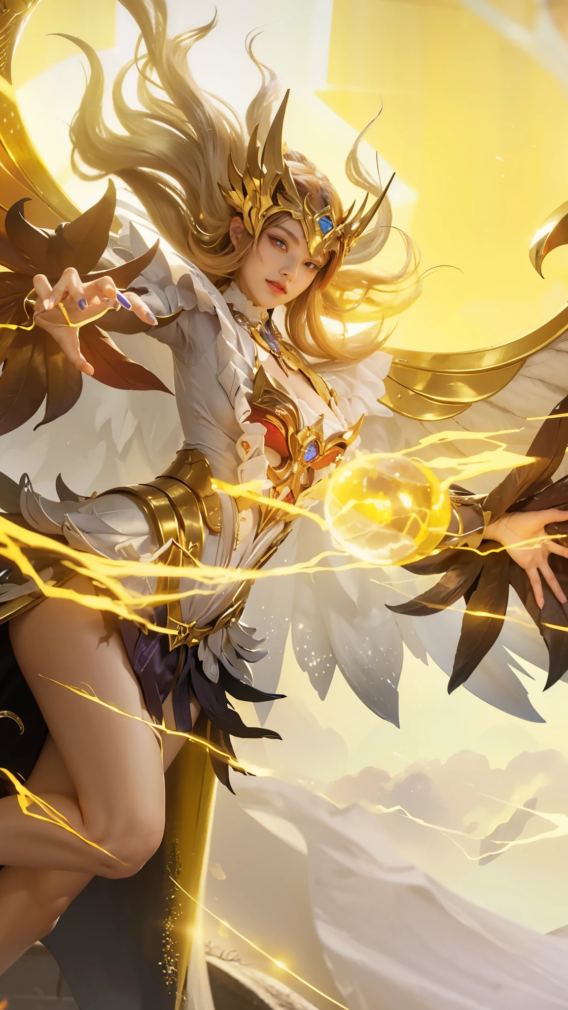 (female:1.2), 8k, ultra hd, ultra detailed texture, hyper realistic, masterpiece, detailed texture, detailed face, detailed skin, detailed lighting, (photorealistic:1.5), best quality, beautiful lighting, cinematic lighting, professional lighting, ultra highres, realistic, detailed hair, real hair, high quality, (realskin:1.5), extremely detailed, finely detail, ultra-detailed, 1girl, solo, floating, (red eyes:1.5), fire eyes, glowing eyes, black lips, v-shapped eyes, closed mouth, angry, colored skin, dark skin, purple skin, nose, pretty, beautiful, make up, cute face, evil smile, short hair, red hair bangs, large breasts, thigh, pauldrons, black pants, belt, purple coat, mechanical wings, armor shoulder, gloves, eudora \(mobile legends\), depth of field, looking aways, skin tight, amazing pose, glowing electric, lighting, blurry background