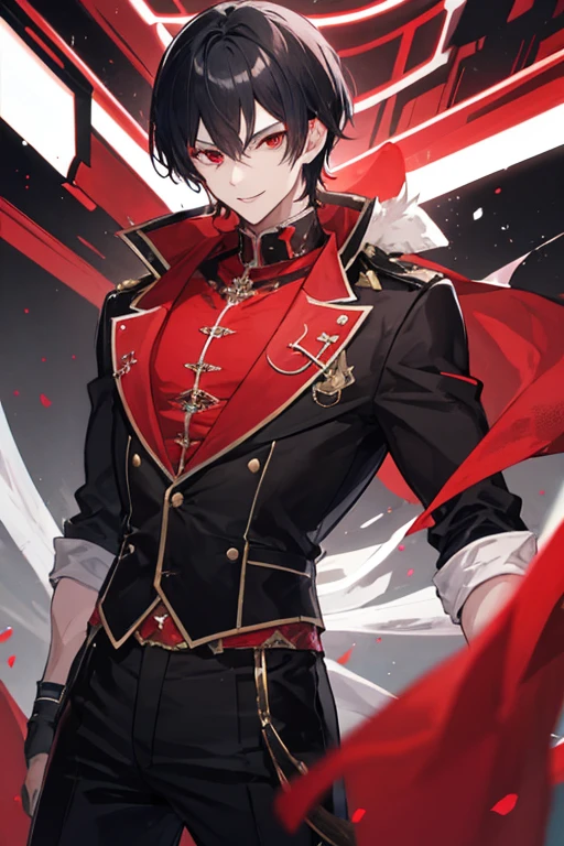 Anime
A man with short black hair, red eyes. age, charming smile yet cold.
Tall, slightly muscular. Handsome and looks rich.