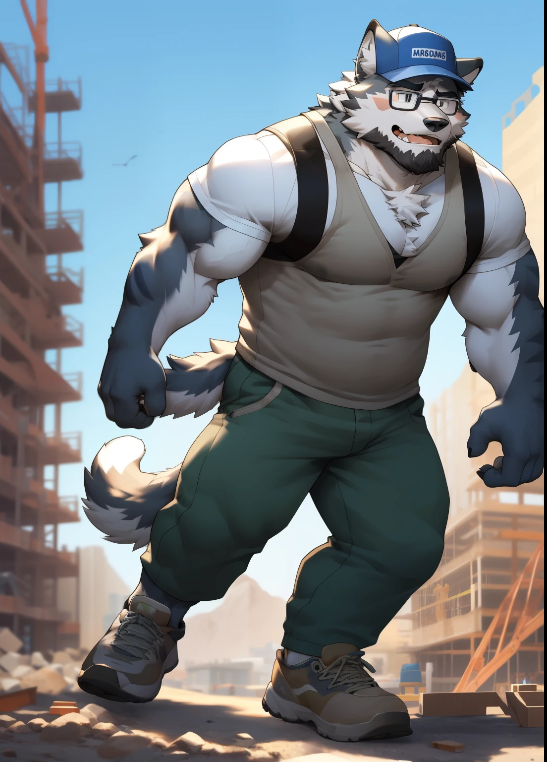 hairy,((Wolf,White vest,black hiking pants,construction site hat)),Black-rimmed glasses,beard,white socks,white fur,male,Common,full body picture((极其lifelike阴影,masterpiece,Very detailed,lifelike)), ((Cat)),dynamic poses,Construction site corner,shy((极其lifelike背景,masterpiece,Very detailed,lifelike))detailed background