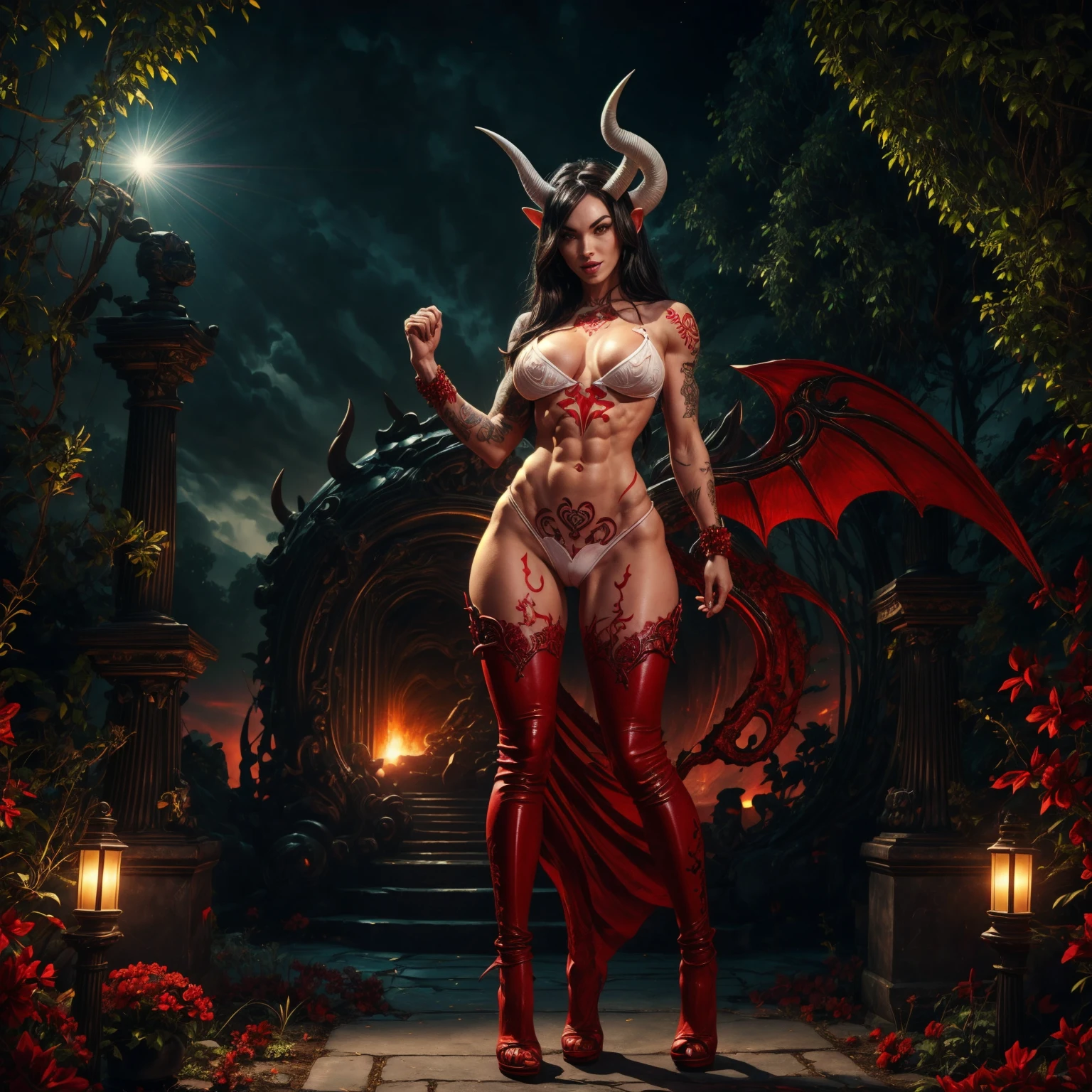 megan fox's face, ((dark hair)), oni girl, (((white skin, oni horns, red body tattoos))), (glowing red eyes), ((extra long legs)), detailed face, ((slender figure, thin waist)), (((muscular body and abs))), ((wide hips)), ((giant girl, 4 meters)) she looks giant in the garden, (Paw pose), standing in the garden, legs spread, wearing a revealing leather oni outfit, smilling like a slut.