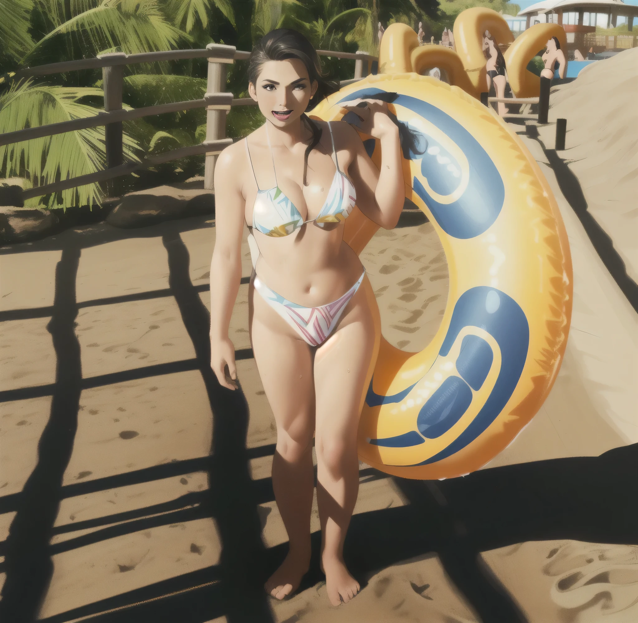 there is a woman in bikini holding a giant inflatable tube, vacation photo, wearing two piece swimsuit, piping, waterpark, in bikini, in bikini, levemente bronzeado, swimsuit model, Divertindo-se muito, full body photo in bikini, modelo in bikini, obra de arte, alta qualidade, grande clareza, high resolution, 8k.