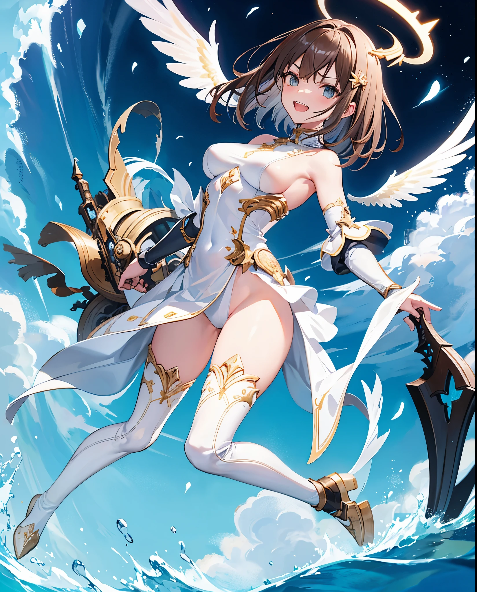 fantasy, 1angel_girl,, ,brown_hair, medium_bob_hair, long_bangs, halo,bare_shoulder,thighhighs,silver_armor, waist_armor, large_breasts,angry,grinning,open_mouth_teeth, 1pair_wings, dynamic_pose_fighting,floating, bare_crotch, headgear,gauntlet, greaves,ocean_sky_background,slightly_spread_legs, solo, groin_naked,