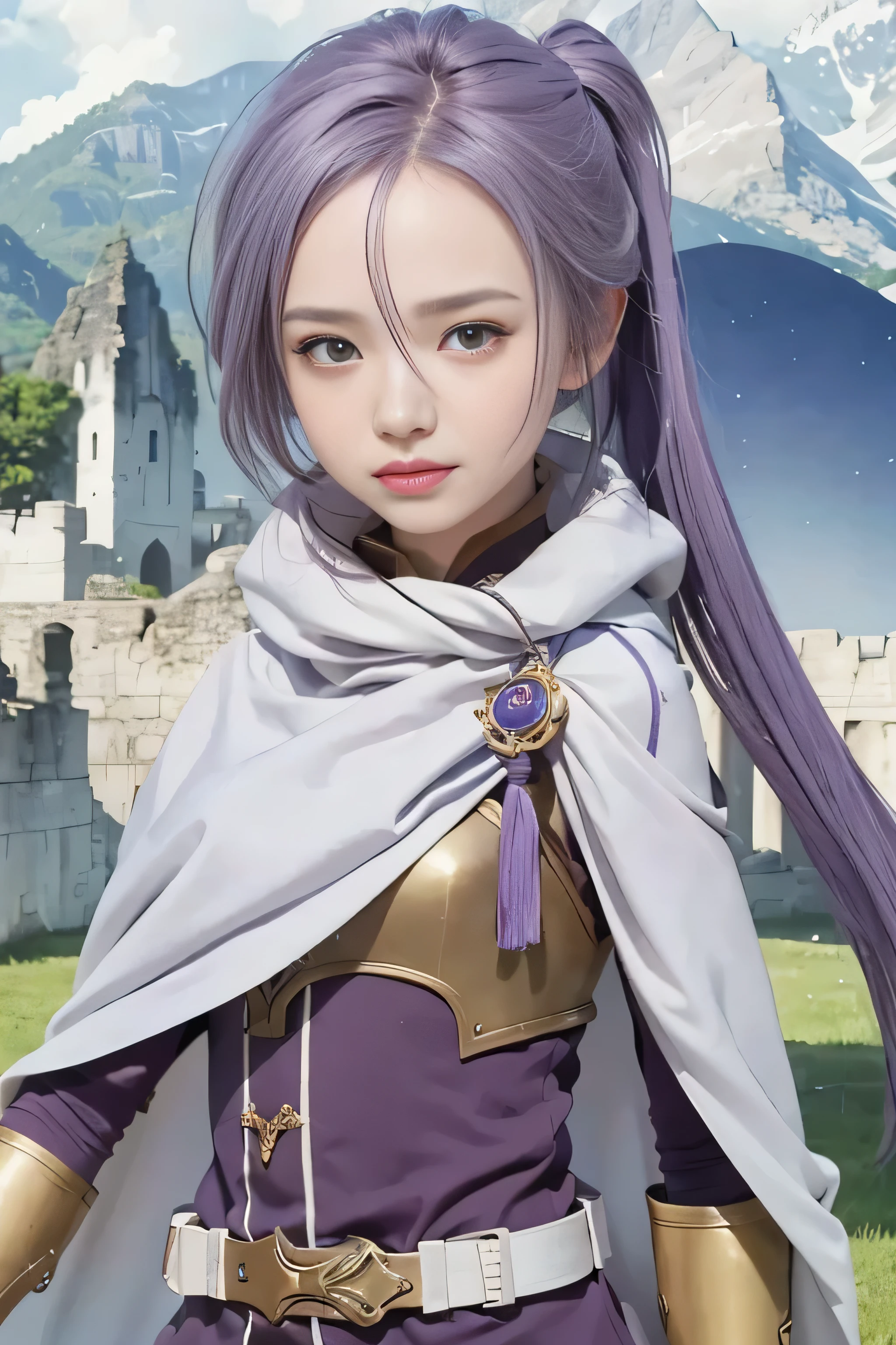 masterpiece, best quality, (realistic, photo-realistic:1.4), (RAW photo:1.2), extremely detailed CG unity 8k wallpaper, delicate and beautiful, amazing, finely detail, official art, absurdres, incredibly absurdres, huge filesize, ultra-detailed, extremely detailed, extremely detailed girl, extremely detailed eyes and face,light on face,little smile,(purple hair:1.5),white cloak,windows,hair between eyes,(red eyes:1.7)