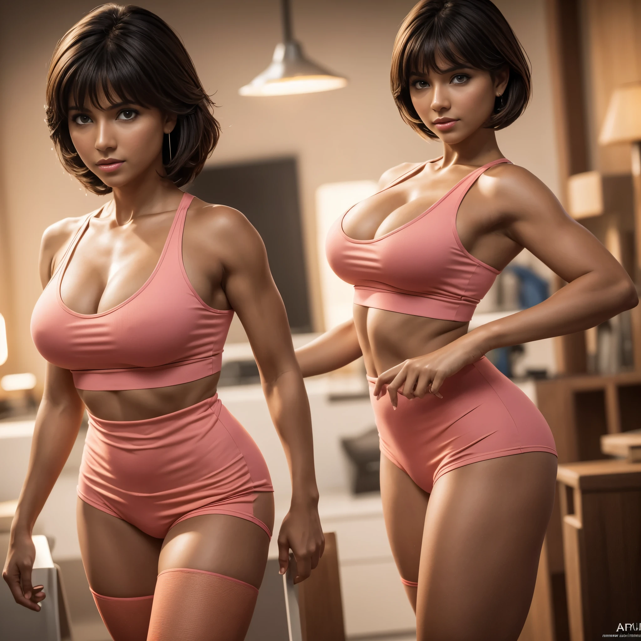 Isabela Merced as dora,orange tights, pink tanktop, confident, big breasts: 1.5, perfect anatomy, perfect symmetry: 1.2, realistic face: 1.2, perfect face, content, confident, very detailed and dramatic, Cinematic lighting, Lighting scene, soft lights, tanned skin,Professional whole body photo, (Photo 4k:1.1) by (Arny Freytag), (sharp focus:1.3), high detail