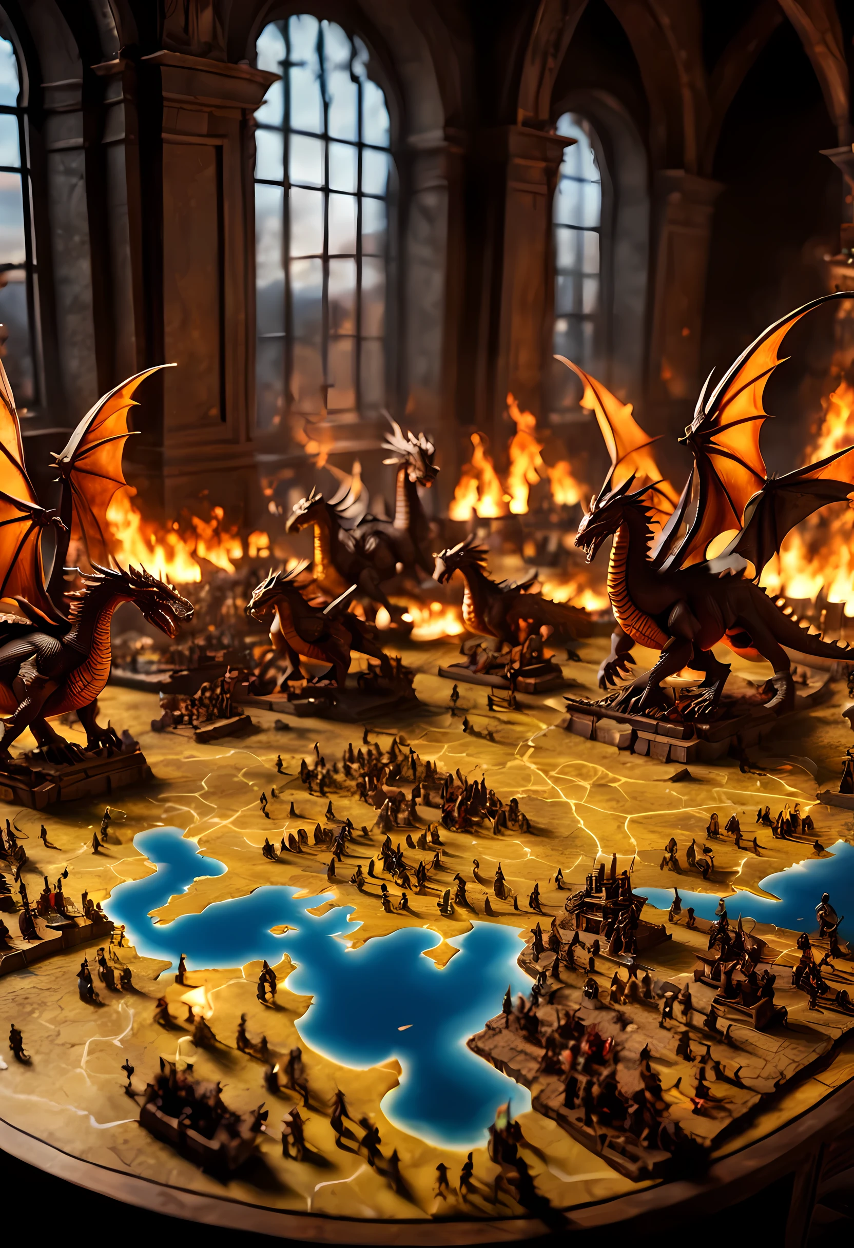 open map table, 3D rendering of dragons miniatures  breathing fire and knights miniatures  on horses  fighting on a large scale grid map of  fantasy world, cinematic lighting, soft light, silhouette, photorealism, panoramic view (Masterpiece 1.5, intense details) , Wide-Angle, Ultra-Wide Angle, 16k, highres, best quality, high details