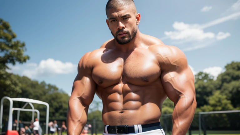 (Highly detailed 8K wallpaper), asian man, muscle worship, fold your arms, On the playground, baseball uniform, high detail, very short hair, skin head, Circular cut, very large and strong body, bulging muscles, muscular, very large pectoral muscles. Very sexy abs, legs are muscular, Toned figure, brightens oily skin, muscular, Tank top, T-shirt, long shot, wide shot
