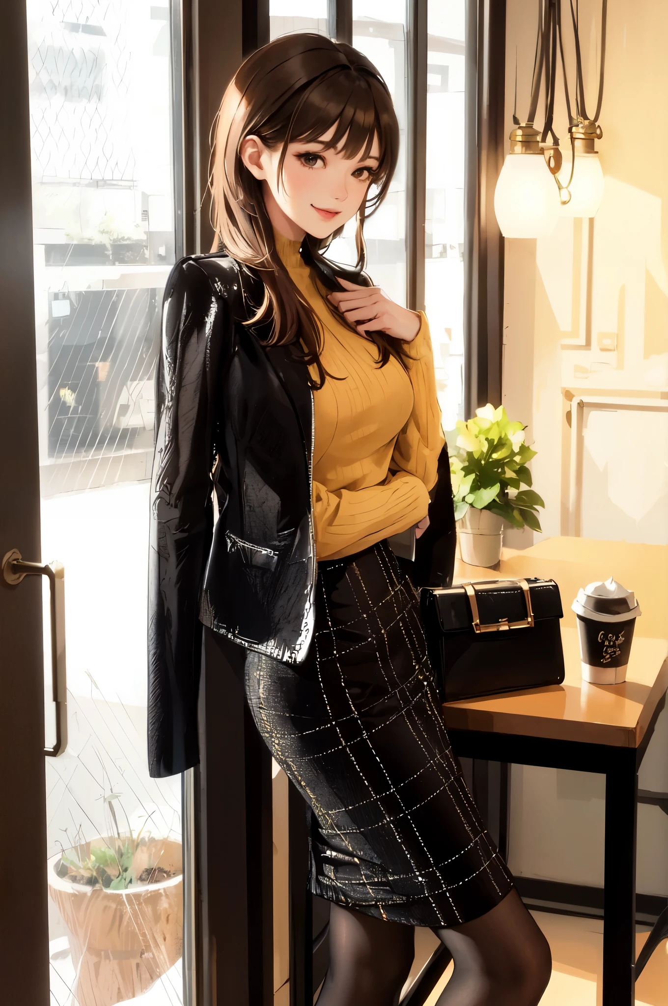 1lady standing, (stylish outfit) (pencil skirt), mature female, /(brown hair/) bangs, light smile, (masterpiece best quality:1.2) delicate illustration ultra-detailed, large breasts BREAK (fashionable cafe) indoors, window, detailed background