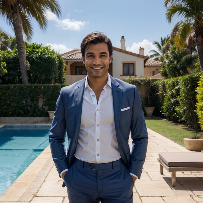 very beautiful and very happy man, real estate agent, smiling, brown skin, brown hair, wearing blue suit and white shirt, posing in a mondern luxurious villa with swiming pool and sea view back ground, in the city of Oran in Algeria country , photorealistic.