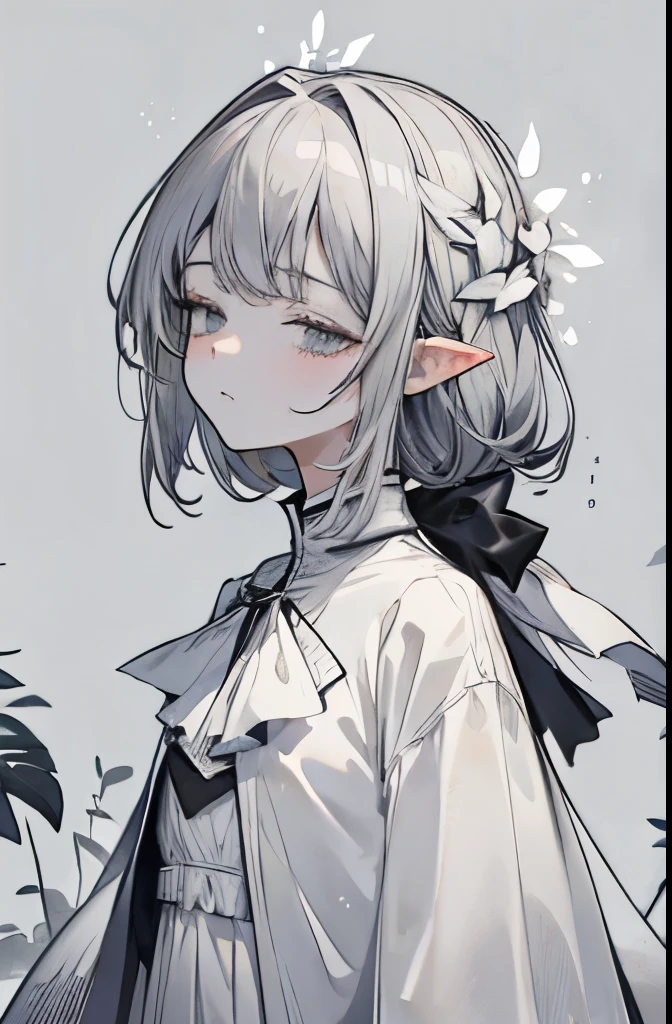((masterpiece:1.2, best quality)), 1 girl, 22 years old,alone, Gray hair,pointy-eared,expressionless,expressionless,gray eyes, half-closed eyes,magic,classical,Black and white clothes,Gray and white plant background,Ashes background,Wide-Angle,Ultra-Wide Angle