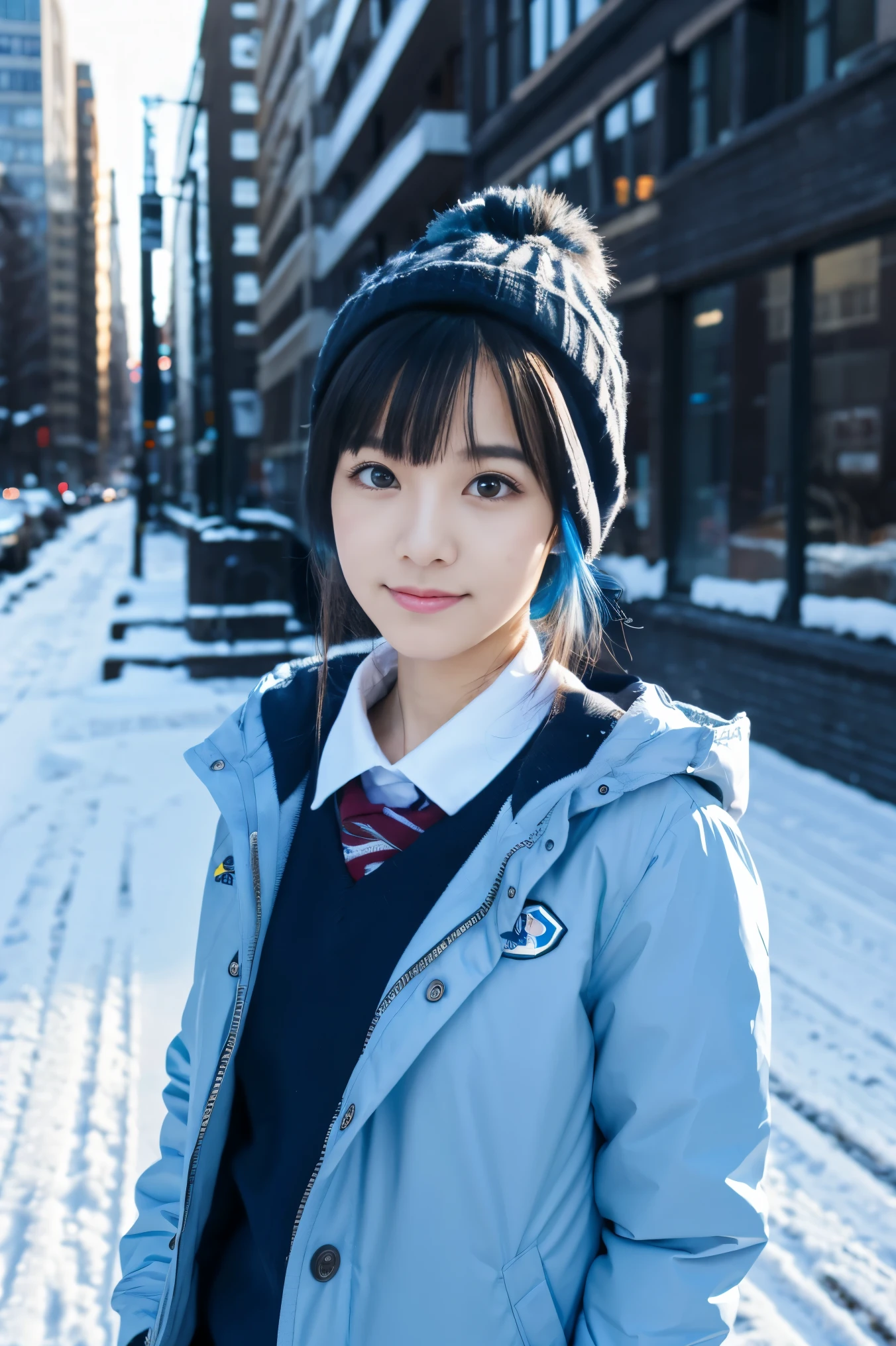 highest quality,ultra high resolution,1 girl,alone,whole body,snow,city,, blue hair,green eyes,JK,school uniform,