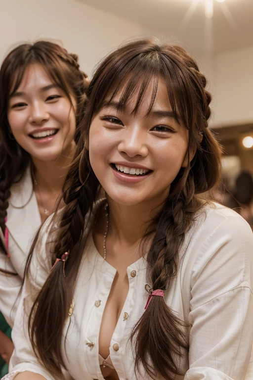 (happy, smiling: 1.1) Woman (Korean with loose hair) and her exuberant friend (Western, (confident: 1.1) woman, expressive eyes, hair braided with ribbon, side bangs) laughing together, hair loose, body close-up full (best quality, high resolution: 1.2), ultra-detailed, (realistic: 1.37), vibrant cores, lighting (soft, warm), style (portrait, fashion, photography).
