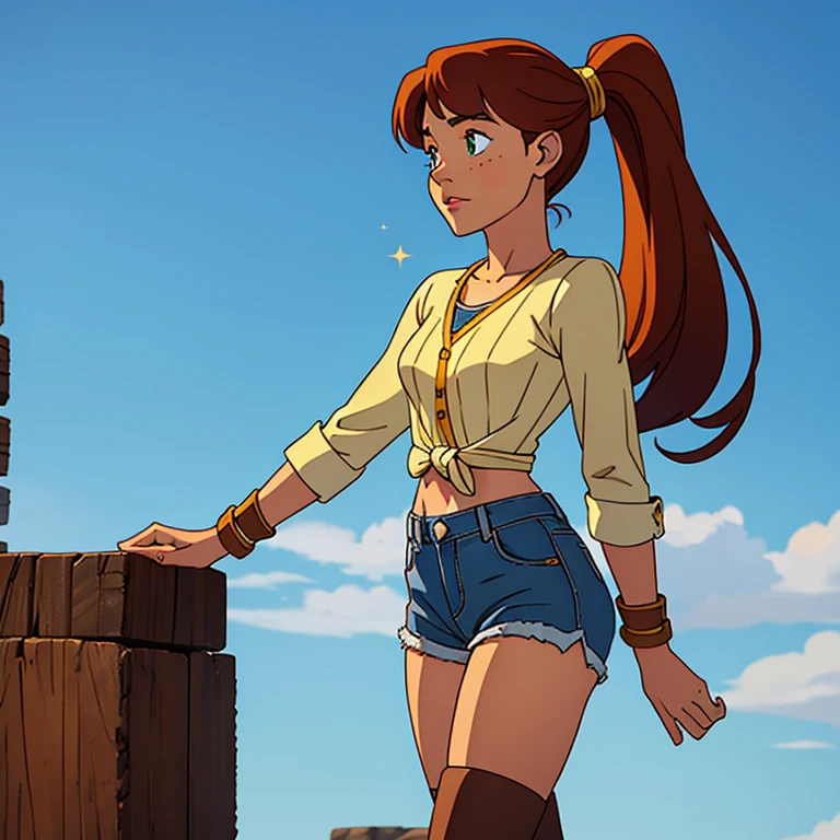 Teenager

Height: 5'7" (170 cm)

Build: Slender and athletic

Hair: Medium bright red, straight, tied back in a high ponytail. classic polka-dot bandana, slight volume at the crown, bangs framing her face.          Eyes: Emerald green, large and expressive. Maybe flecks of gold or amber for added depth.            Complexion: Fair, with a healthy glow. You could add a few freckles across her nose for a youthful touch.                           Distinguishing Features: Birthmark in the shape of a small star on her left wrist. Consider depicting it subtly, like a light freckle constellation. Semi-loose baby blue shirt tied above her stomach. Imagine a soft denim blue, slightly rolled up at the sleeves.  Denim shorts.  Thigh-high socks. Deep brown or tan, with ribbed detailing or a cool pattern like stars.  Worn leather boots. Mid-calf height, dark brown with laces and maybe some scuffs and marks to show they've been on adventures.

