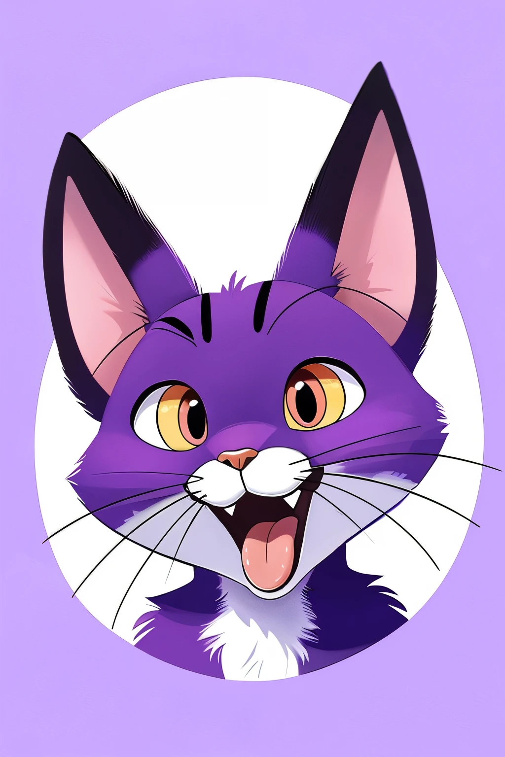 A caricatured shorthair cat, boldly exaggerating features for humorous and expressive effect. Purple fur, vibrant against a white backdrop, adorns the feline. The face dominates the frame, boasting large, curious eyes that flicker around in animated fashion. The elongated, button-like nose contrasts with the oversized whiskers, curled at their tips. Sharp, pointed teeth fill the cat's mouth, which hangs open in playful fashion. Tongue lolls out the side, tangling slightly in the whiskers. The enormous ears tower above the cat, almost as tall as it is, twitching erratically to capture every sound