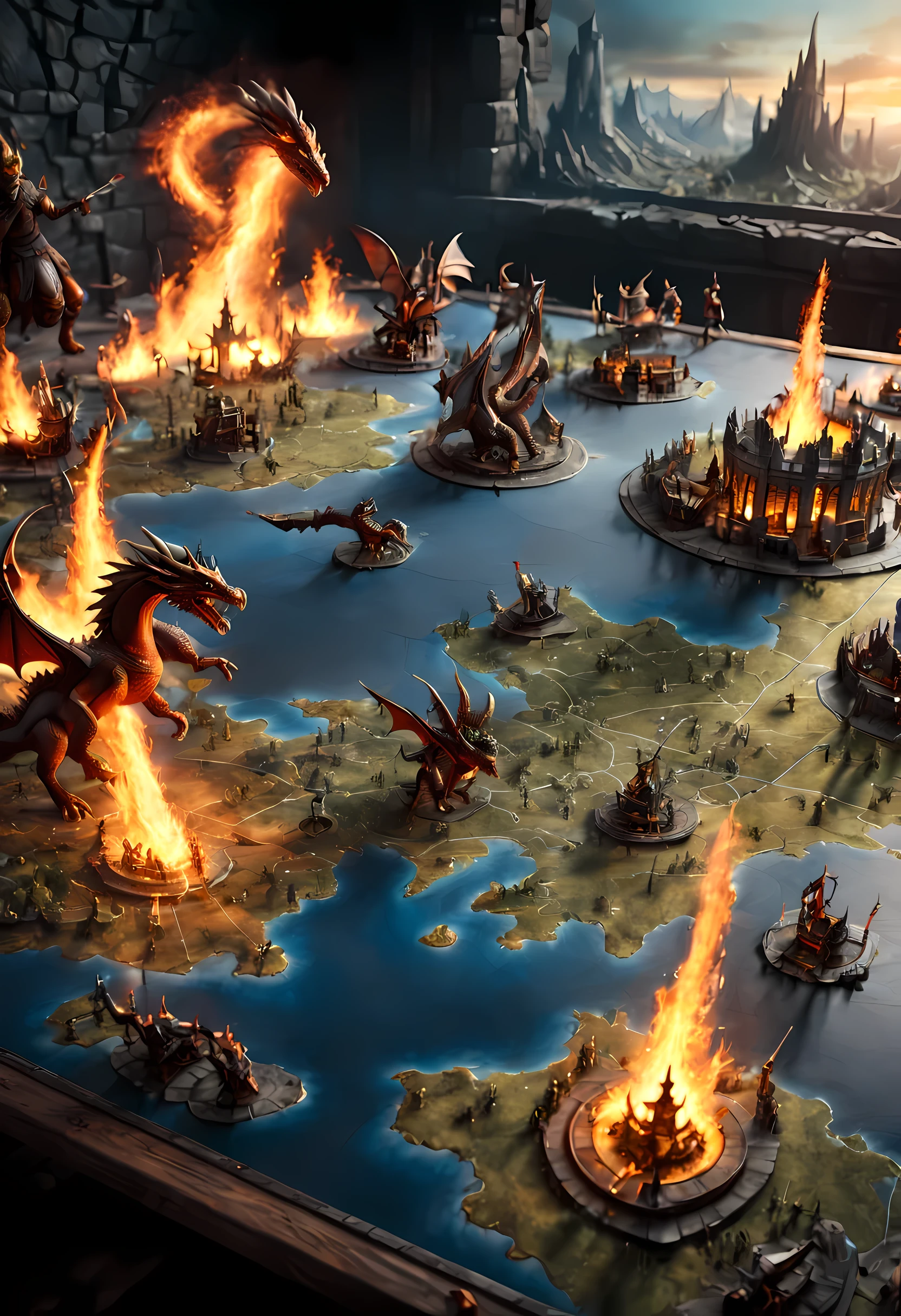 open map table, 3D rendering of dragons miniatures  breathing fire and knights miniatures  on horses  fighting on a large scale grid map of  fantasy world, cinematic lighting, soft light, silhouette, photorealism, panoramic view (Masterpiece 1.5, intense details) , Wide-Angle, Ultra-Wide Angle, 16k, highres, best quality, high details