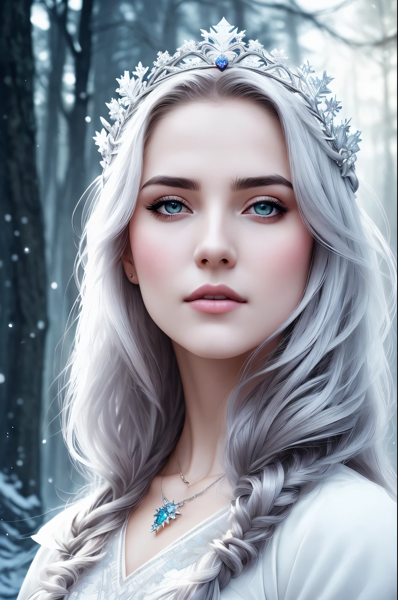 The winter is near, surreal painting of a beautiful winter spirit, gorgeous winter body, pale skin, glowing white eyes, white eyebrows, frozen white lips, sparkling hair, crown from snowflakes, magical spirit clothes, 8k, UHD, masterpiece, hight resolution, delicate detail, realistic, highly detailed, perfect composition, beautiful, detailed, insanely detailed, octane render, trending on artstation, 8k artistic photography, photorealistic concept art, soft, natural, volumetric, cinematic, natural light, epic royal background, big royal uncropped crown, royal jewelry, robotic, nature, full shot, symmetrical, Greg Rutkowski, Charlie Bowater, Beeple, Unreal 5, hyperrealistic, dynamic lighting, fantasy art