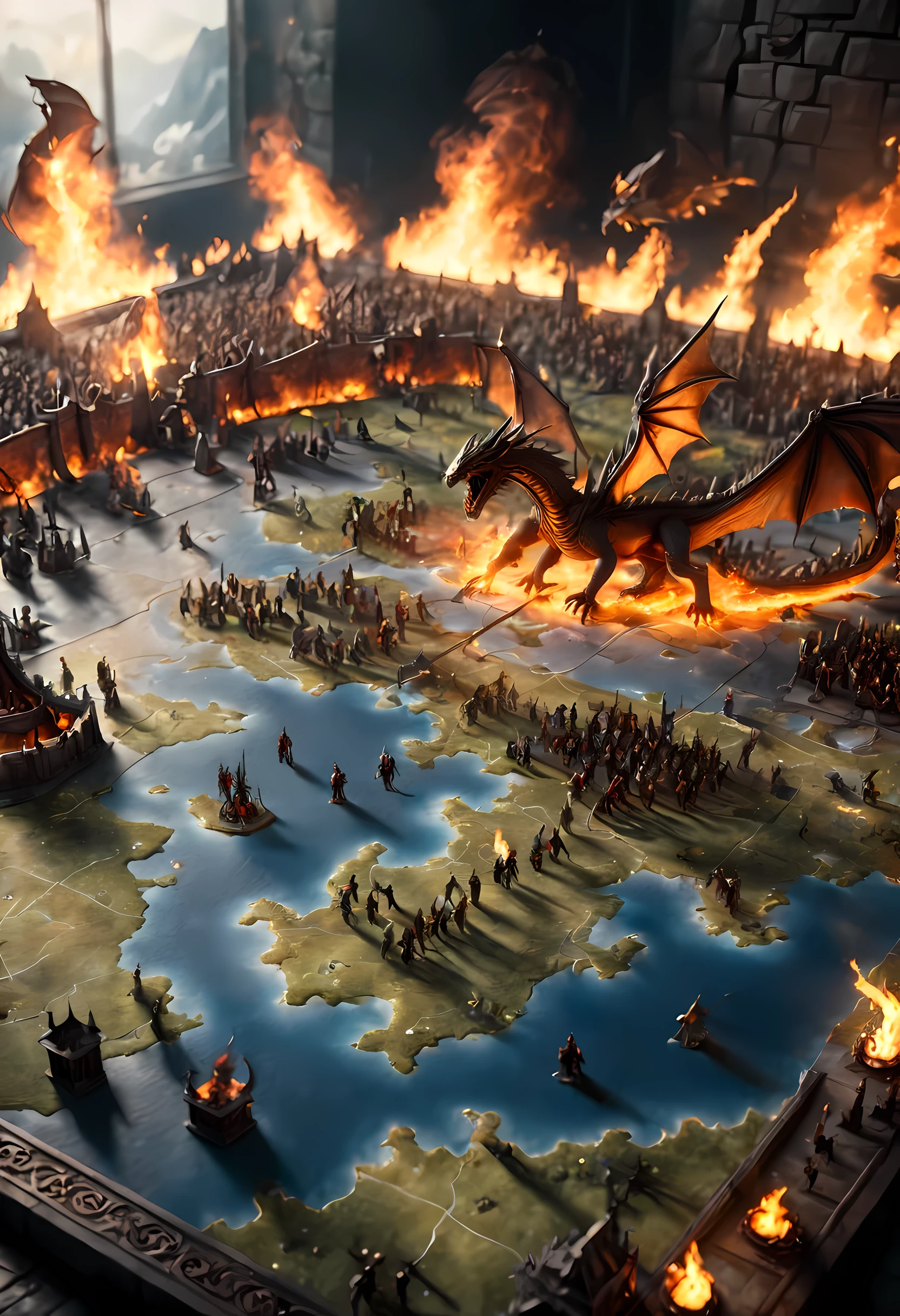 open map table, 3D rendering of dragons miniatures  breathing fire and knights miniatures  on horses  fighting on a large scale grid map of  fantasy world, cinematic lighting, soft light, silhouette, photorealism, panoramic view (Masterpiece 1.5, intense details) , Wide-Angle, Ultra-Wide Angle, 16k, highres, best quality, high details