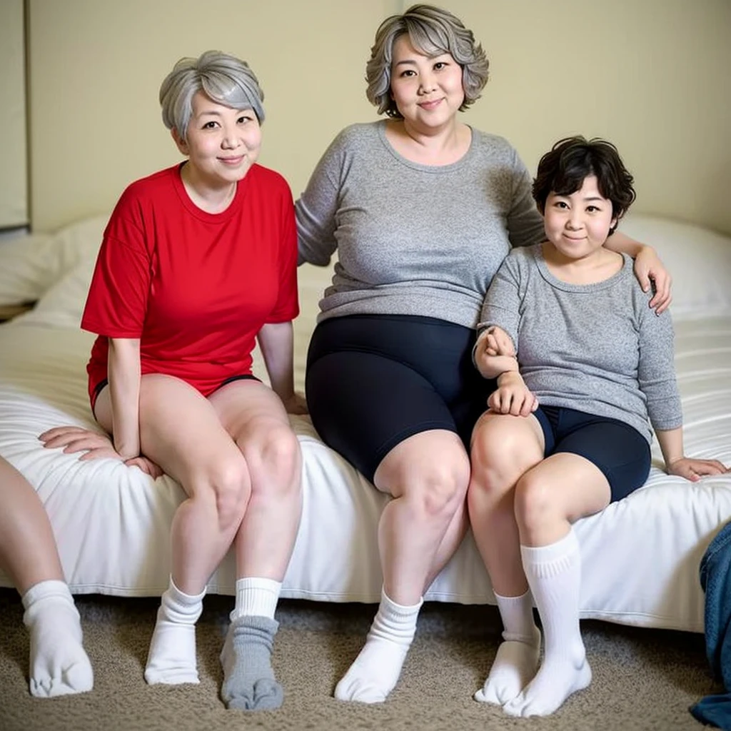 gray hair, Japan Middle Aged Women, short hair, a little chubby, shaggy, super cute face, cub, No spot, humanoid, masterpiece, high quality portrait, Red Jersey, socks off, Bedroom, gray shorts, In summer, solo boy, full shot, white socks, hand on socks, sweaty, attractive