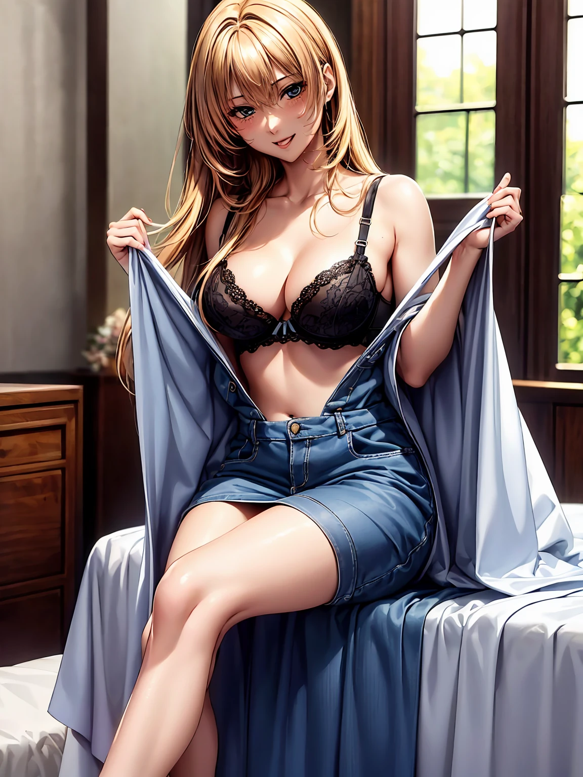 (((highest quality,masterpiece,very high resolution,Super high quality,perfect pixel))), (((Exquisite beauty:1 person,perfect body,Beautiful face is detailed, blush、cute face、beautiful outline、smile, open your mouth))),((long hair, neat bangs, beautiful hair texture)),((Beautiful slit eyes,beautiful eyes,strong-willed eyes, beautiful eyelashes, realistic eyes)), ((beautiful breasts,beautiful feet)),((bra:color and pattern,panties:color and pattern,lace underwear:color and pattern)),(Hotel Rooms),(Front angle,standing posture,model pose, model shoot),(realistic skin texture,realistic texture:,RAW photo,Anime CG style, Bright colors),beautiful anime woman, beautiful art style, anime character、Overall image、detailed images、accurate anatomy、Image without defects、natural soft light、beautiful images、非常にdetailed images、(Best Shot 1.5)