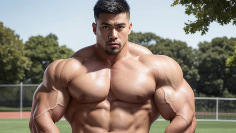 (Highly detailed 8K wallpaper), asian man, muscle worship, fold your arms, On the playground, baseball uniform, high detail, very short hair, skin head, Circular cut, very large and strong body, bulging muscles, muscular, very large pectoral muscles. Very sexy abs, legs are muscular, Toned figure, brightens oily skin, muscular, Tank top, T-shirt, long shot, wide shot