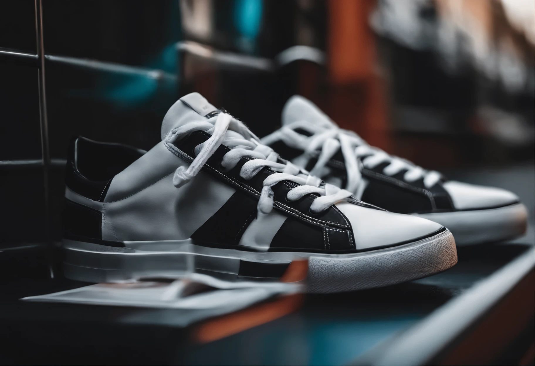 black and white, dynamic and visually appealing background created for your ecommerce website, specializing in sneakers. This image captures an artistic, urban setting with a stylish arrangement of popular sneakers, featuring a vibrant color scheme that aligns with the style and energy of your fashion-forward, brand-conscious audience. This background is designed to be engaging and set a trendy, upscale tone for your website, catering specifically to sneaker enthusiasts.