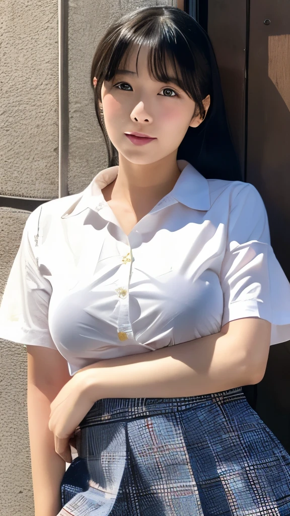 beautiful日本の女子高生、masterpiece、Light makeup、black hair、School、beautiful、grace。super fine details、work、authentic texture、Realistic movie lighting、完璧なwork、8k、HD、exquisite facial features、 uniform、white blouse、mini skirt、Chubby body type、Big bright eyes、larger breasts、whole body