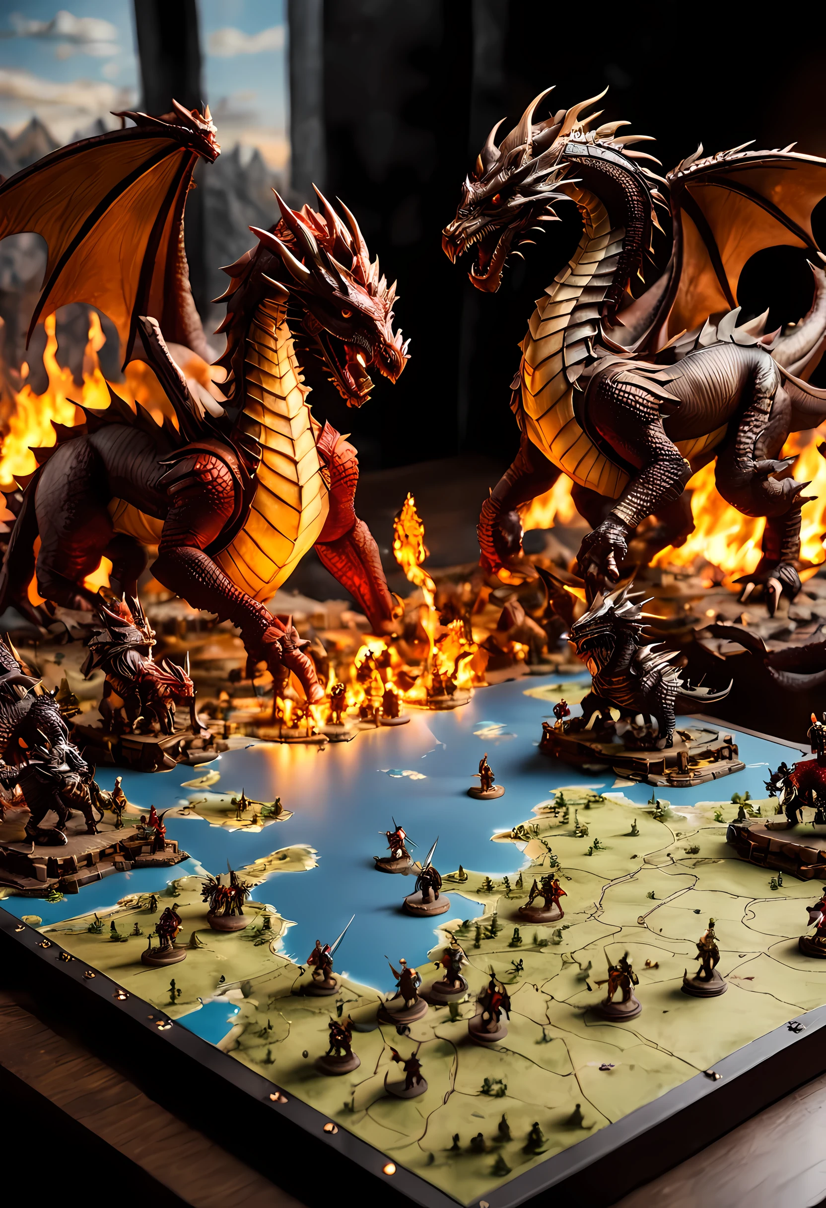 open map table of  live action battle between fire breathing dragons miniatures  and knights in shinning armor, miniatures  on horses,  fighting on a large scale grid map of  fantasy world, 3D rendering, cinematic lighting, soft light, silhouette, photorealism, panoramic view (Masterpiece 1.5, intense details) , Wide-Angle, Ultra-Wide Angle, 16k, highres, best quality, high details