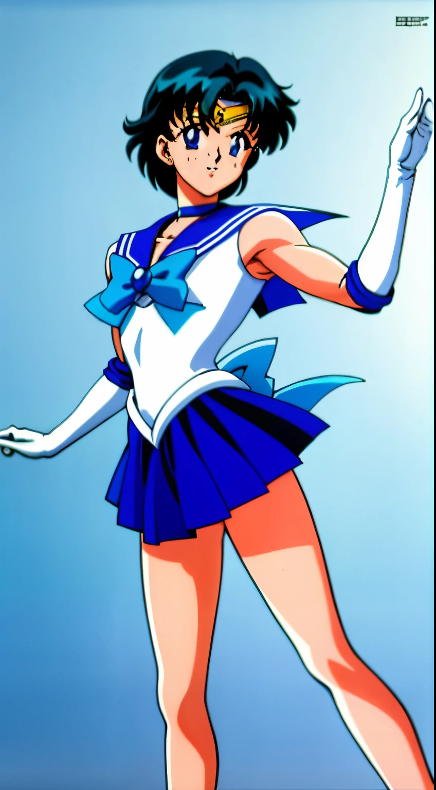 Top Quality Anime Art、masterpiece、high definition anime art、アニメstyle8K、High resolution、Highly detailed altogerm、Boy standing、Very short blue-haired boy、jewelry、Blue-eyed boy、Golden Circlet、earrings、solo、Strong muscles、Sailor Senshi Uniform、Muscular and strong、white gloves、elbow bag、blue choker、Blue Heeled Boots、white leotard、high leg leotard、white dress、blue sailor collar、Sky blue bow tie、mini skirt、pleated skirt、blue skirt、muscular man、smile、Bare shoulders、bare legs、Hymns to the King as a Prince, an retro anime image、Full body close-up shot、anime dick. Rogue Anime Boy、soft lighting、(1990s\(style\)0.9)、