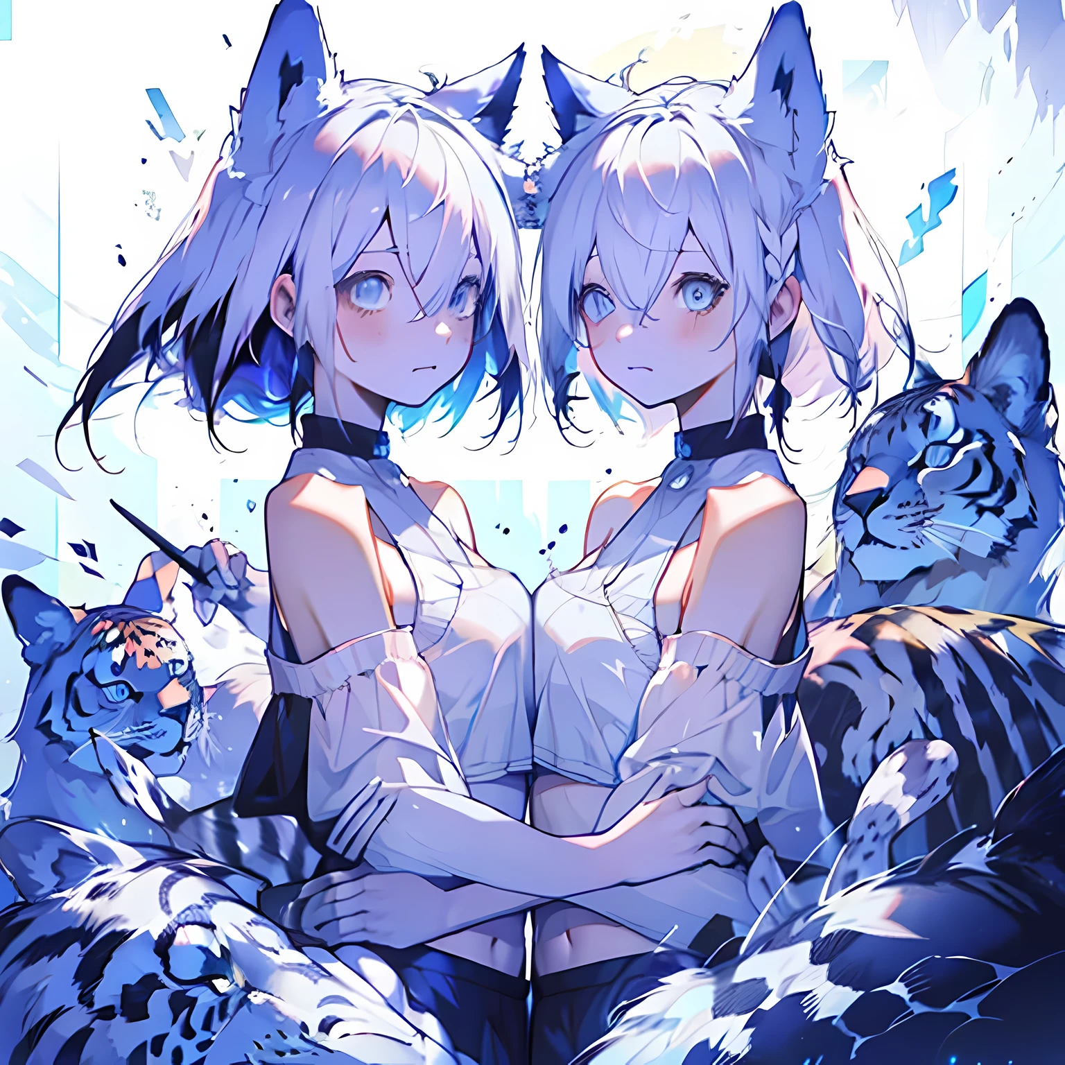 1 girl, blue eyes,  big breasts, navel,  animal ears,  hair between eyes,  bare shoulders,thigh,Off the shoulders, Stomach, Features: Shirakami Fubuki,bobbed long hair,Bando,flat_boobgasm,getting old,spot color,corrosive,Broken hearts,empty eyes,symmetrical docking