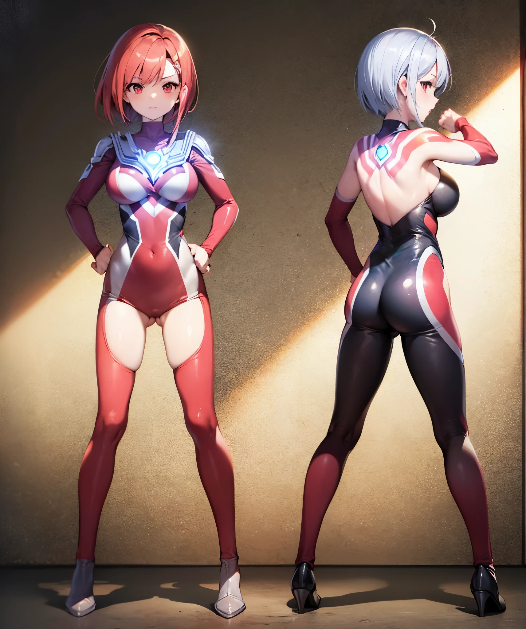 one person,red haired woman,bright red hair,short bob,Braided hair,red eyes, (Ultra Girl :1.0), silver and red ultraman bodysuit,big breasts,Put your hands on your hips,fist,Turn your back to your audience,back view,butt
