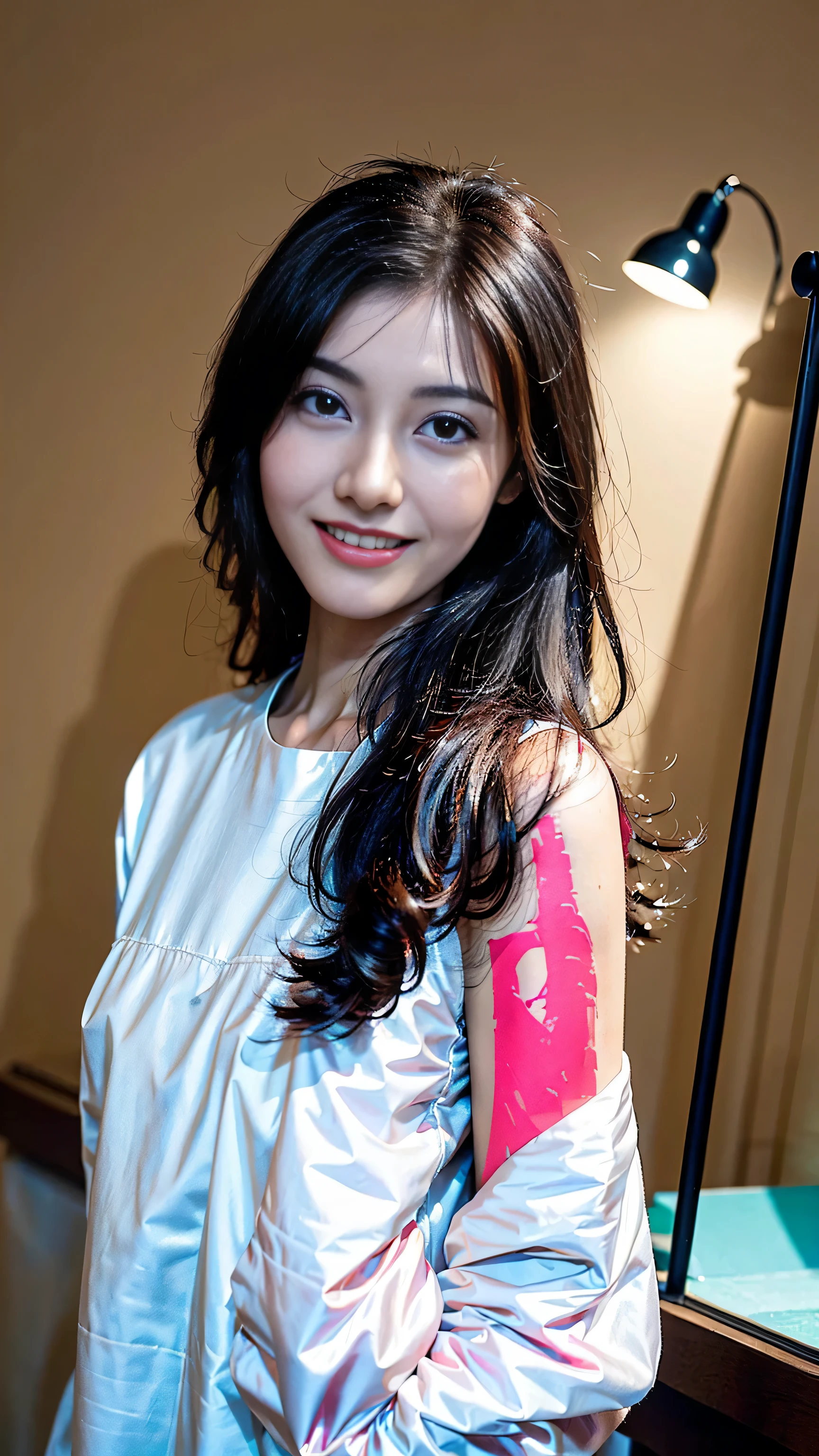 look at this and smile、Under the blue sky in midsummer、Colorful summer clothes、take off shoulders、best quality、Masterpiece、real picture、intricate details、original photo、Photon rendering、absurd、super detailed、delicate face、delicate skin、Art station fashion trends、8K masterpiece、like the same lamp、( (1 girl in))、((alone) ))、18 years old、CG social trends、((long black hair))、((beautiful woman))、(a smile)、Top Teeth、fashionable、hair blowing in the wind、((flowing hair))、fashion magazine、((a sexy))、((like the same lamp)、((indirect lighting)、、(gender)、grinning、(looking from a distance)