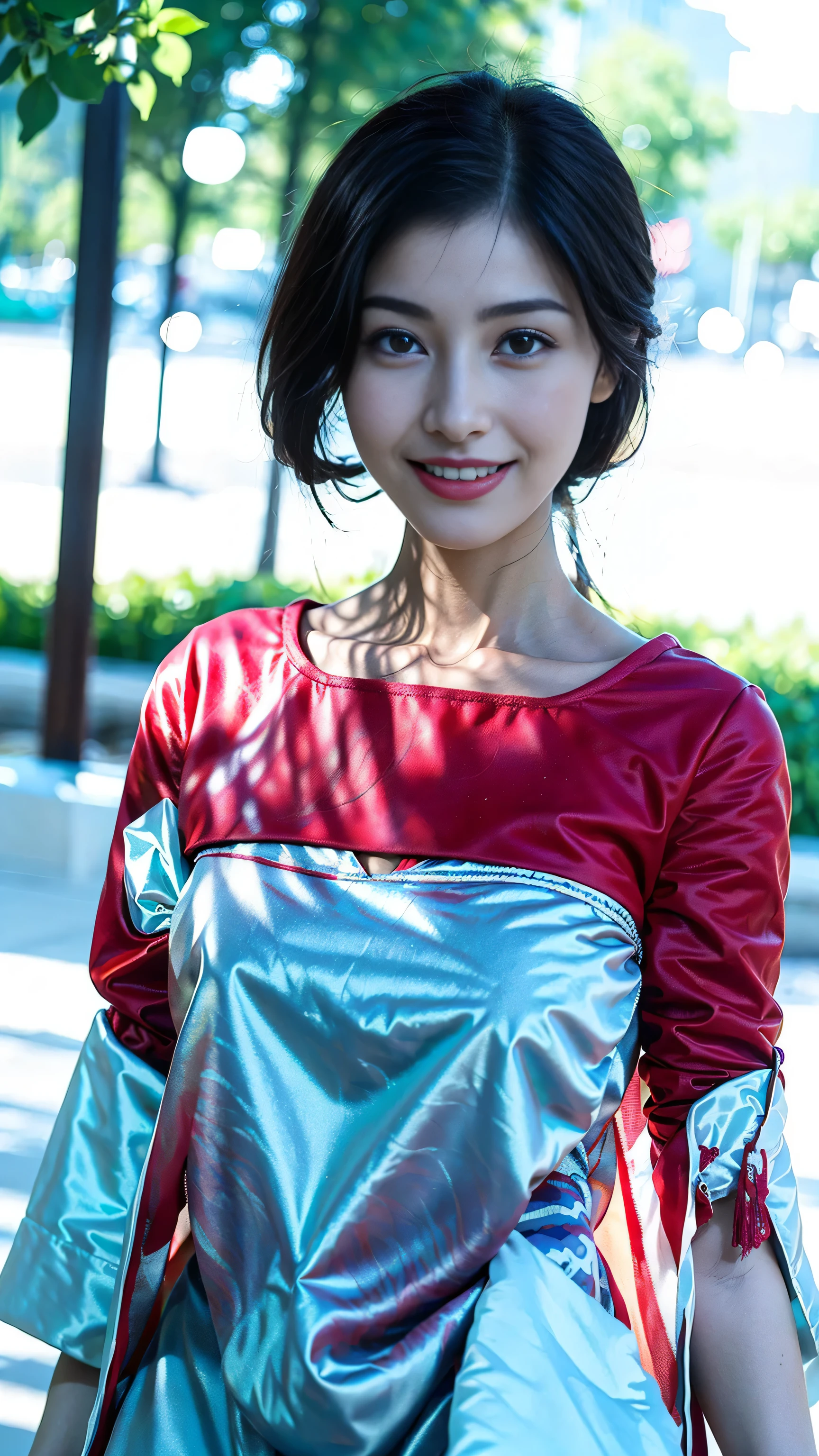 look at this and smile、Under the blue sky in midsummer、Colorful summer clothes、take off shoulders、best quality、Masterpiece、real picture、intricate details、original photo、Photon rendering、absurd、super detailed、delicate face、delicate skin、Art station fashion trends、8K masterpiece、like the same lamp、( (1 girl in))、((alone) ))、18 years old、CG social trends、((long black hair))、((beautiful woman))、(a smile)、Top Teeth、fashionable、hair blowing in the wind、((flowing hair))、fashion magazine、((a sexy))、((like the same lamp)、((indirect lighting)、、(gender)、grinning、(looking from a distance)
