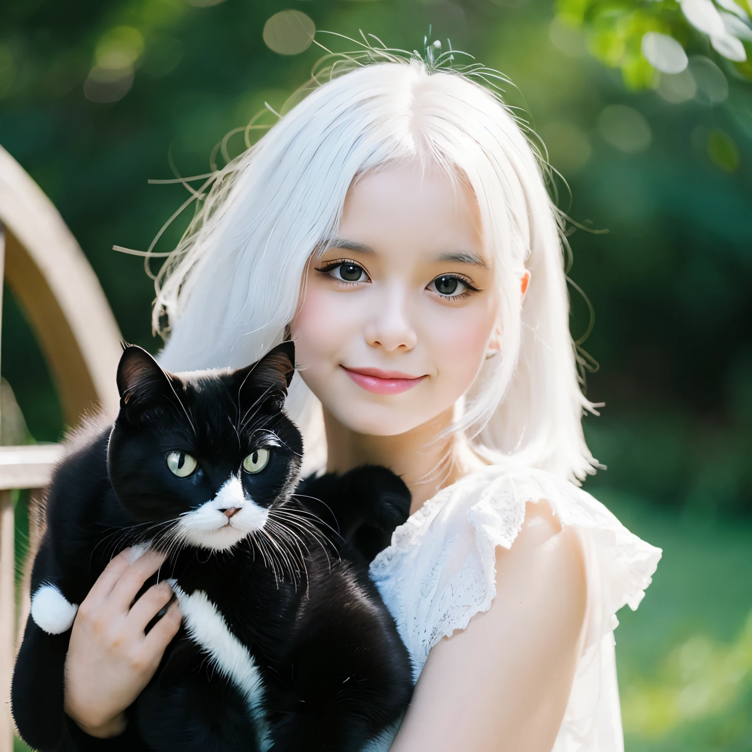 White haired girl holding black cat