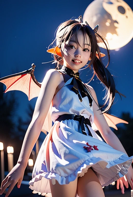 resolution、High level image quality、8K、real live action、Raw photo、highest quality、masterpiece、 succubus girl、unparalleled beauty、devil&#39;s black horns on head、young face、(((beautiful girl)))、long pointed ears、wear bat wings、Fangs from the mouth、moon、Night view of the cityscape、Princess、