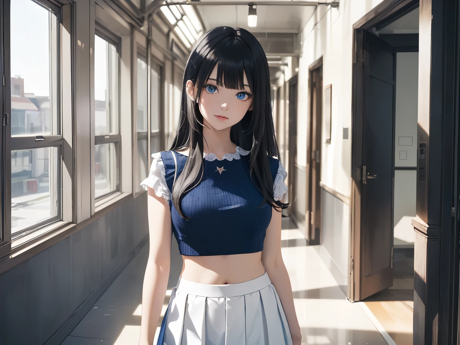 absurderes, ultra-detailliert,bright colour,(in 8K:1.3),masuter piece,extremely beautiful detailed face and eyes, 25 years old,(Smooth straight black hair:1.3), (Shiny long hair:1.2),(Pattsun bangs:1.2) Delicate beautiful face, red blush、(Deep blue eyes:1 white crop top and blue short skirt:1.3), park, Natural Nice Spot, standing, Detailed face,beside the close window, night time stars dark, hallway school