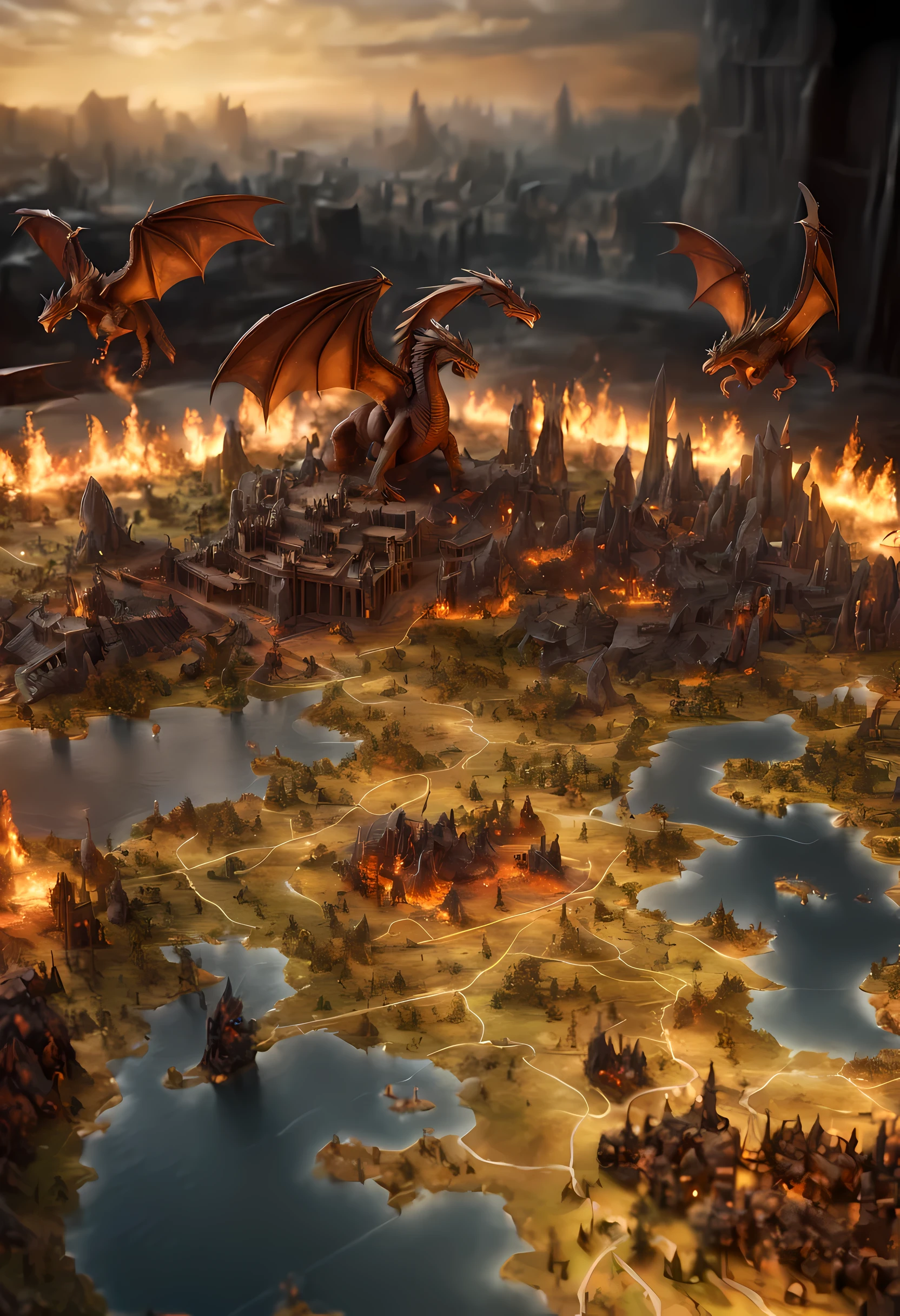 open map table, 3D rendering of dragons miniatures  breathing fire and knights miniatures  on horses  fighting on a large scale grid map of  fantasy world, cinematic lighting, soft light, silhouette, photorealism, panoramic view (Masterpiece 1.5, intense details) , Wide-Angle, Ultra-Wide Angle, 16k, highres, best quality, high details