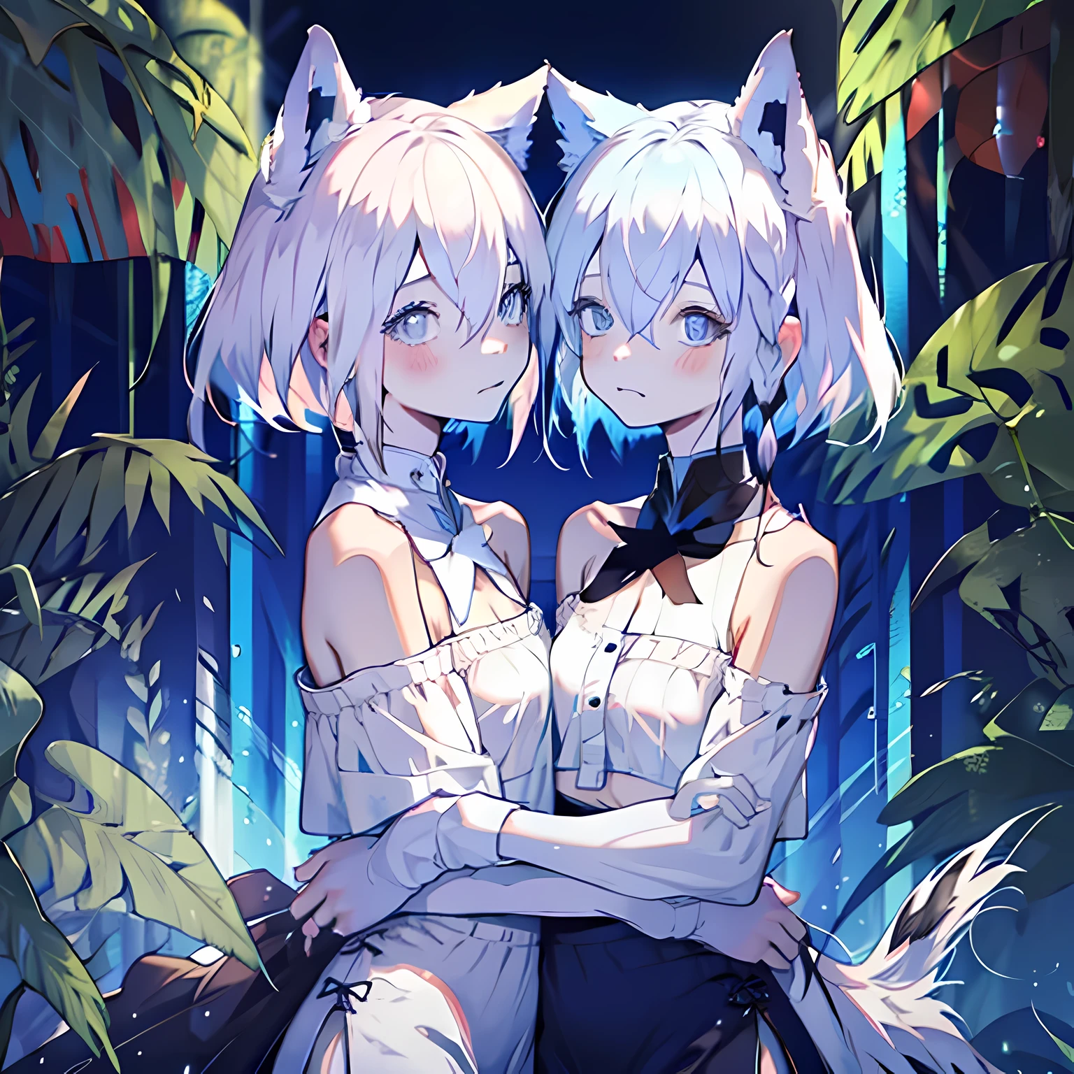 1 girl, blue eyes, big breasts, navel, animal ears, hair between eyes, bare shoulders,thigh,Off the shoulders, Stomach, Features: Shirakami Fubuki,bobbed long hair,Bando,flat_boobgasm,getting old,spot color,corrosive,Broken hearts,empty eyes,symmetrical docking