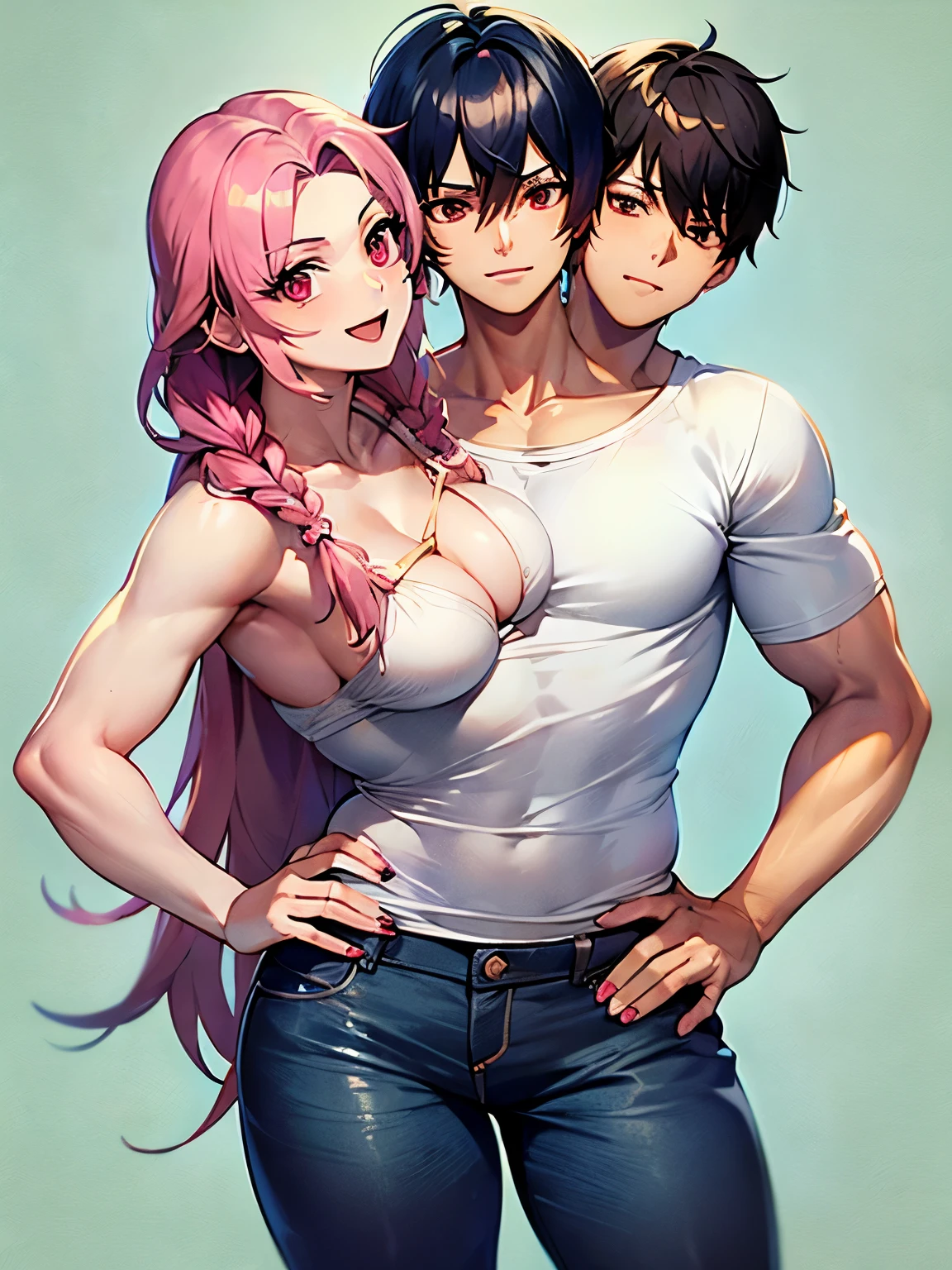(2heads:1.1), (1boy:1.1), (male female couple), red eyes, black hair, pink hair, braid, long hair, (handsome:1.5), (masculine:1.5), (masterpiece), (high quality), (best resolution), :D, cute face, black nails, looking at viewer, anime convention, beautiful background, hand on hip, shirt with logo on it, jeans, wide hips, thick thighs, (masculine chest:1.1), (flatchested)